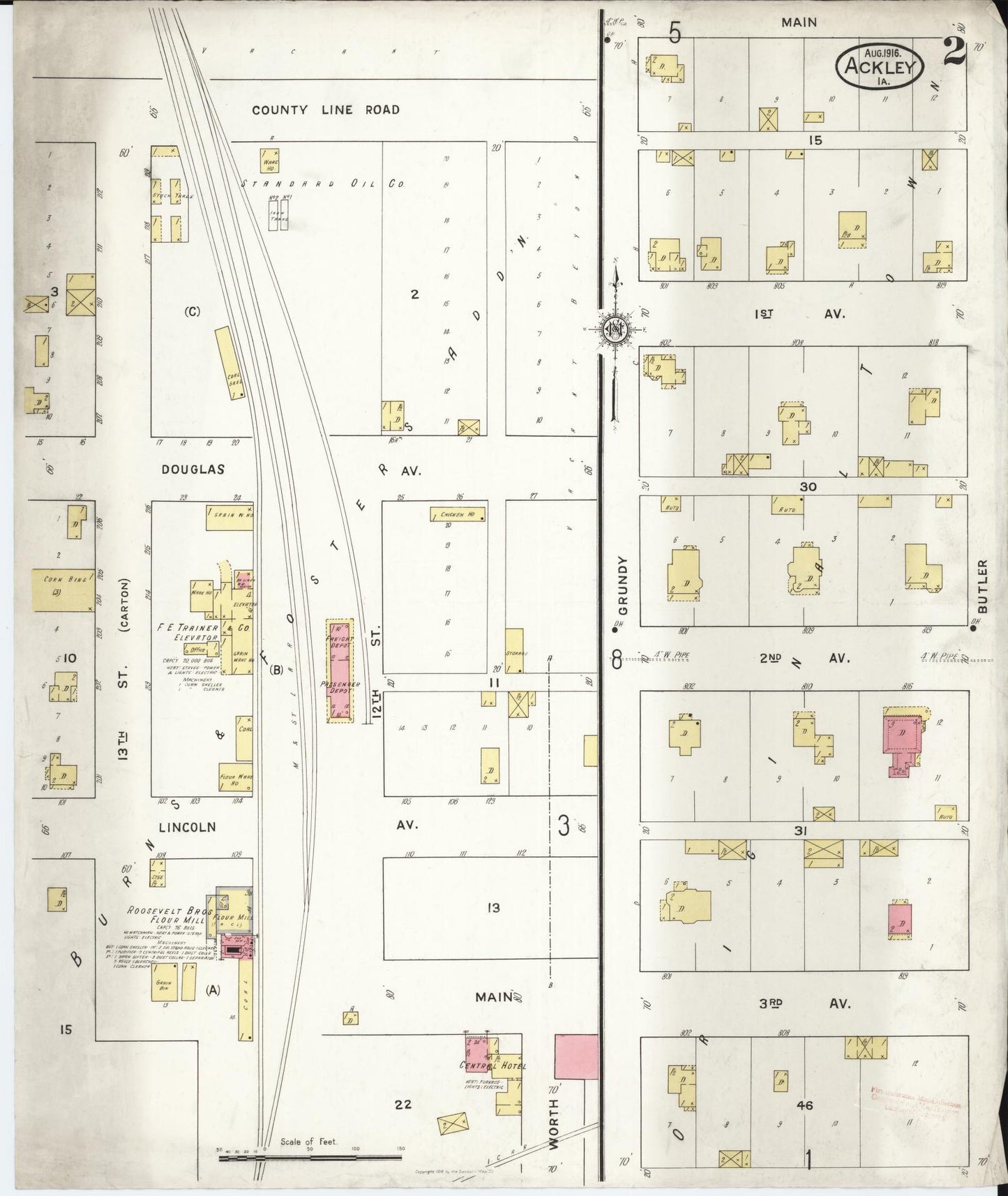Sanborn Fire Insurance Map from Ackley, Hardin and Franklin Counties, Iowa (1916), Sheet #0002 - Historic Sanborn Fire Insurance Map Print, vintage old map wall art