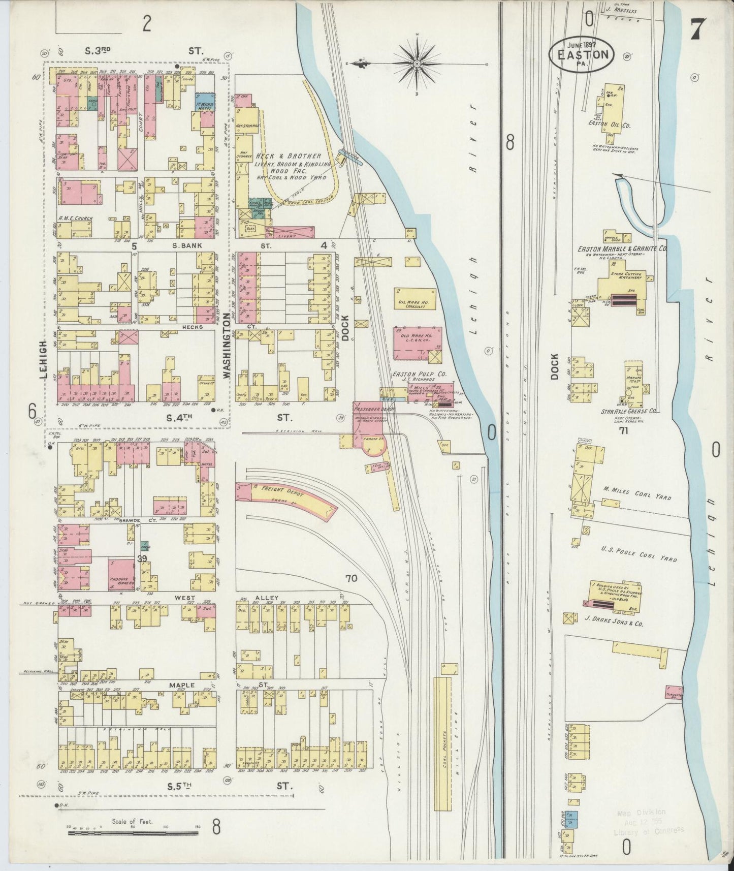 Sanborn Fire Insurance Map from Easton, Northampton County, Pennsylvania (1897), Sheet #0007 - Historic Sanborn Fire Insurance Map Print, vintage old map wall art, antique decor, genealogy gift, Pennsylvania Pennsylvania map