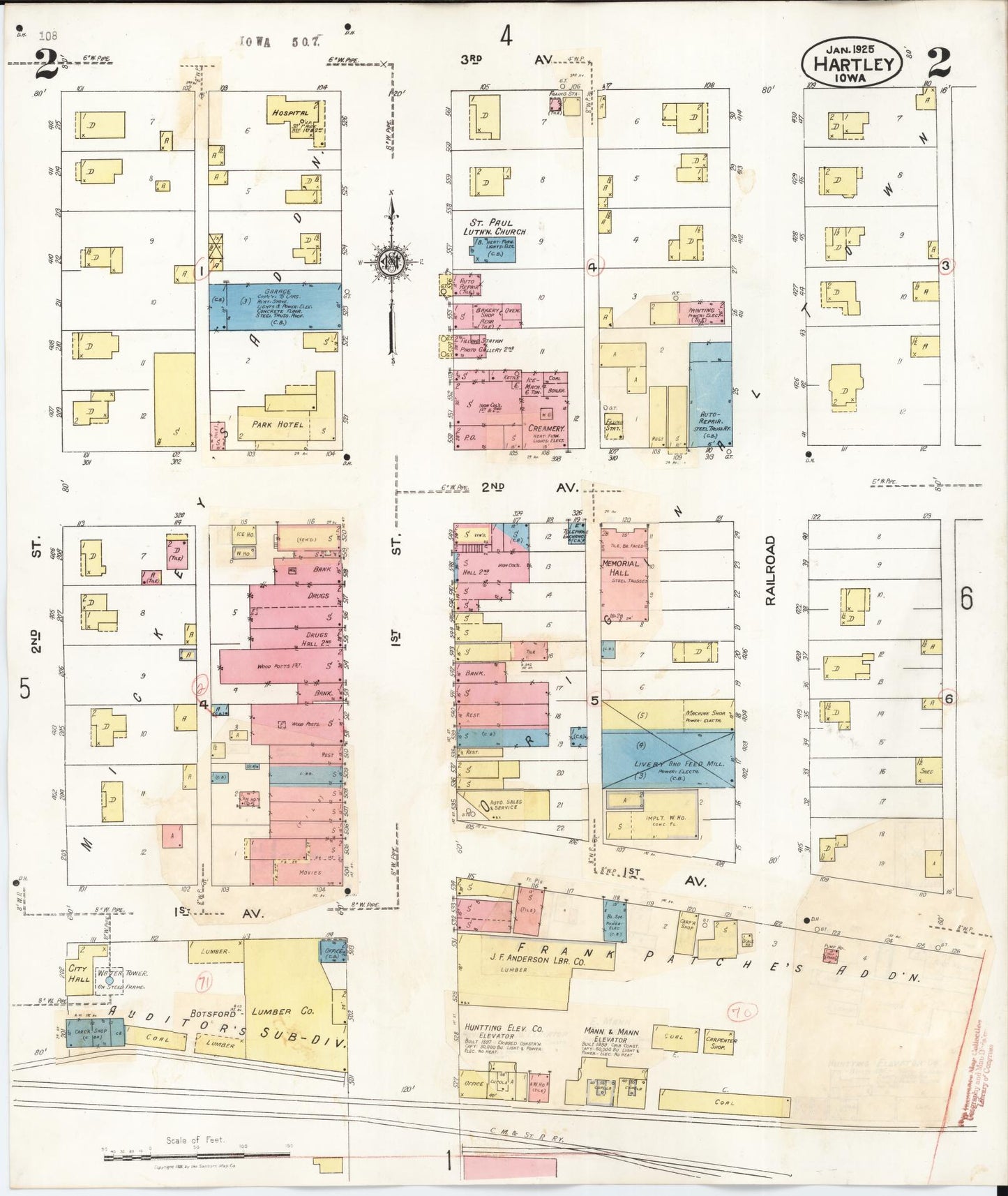 Sanborn Fire Insurance Map from Hartley, O'Brien County, Iowa (1936), Sheet #0002 - Historic Sanborn Fire Insurance Map Print, vintage old map wall art