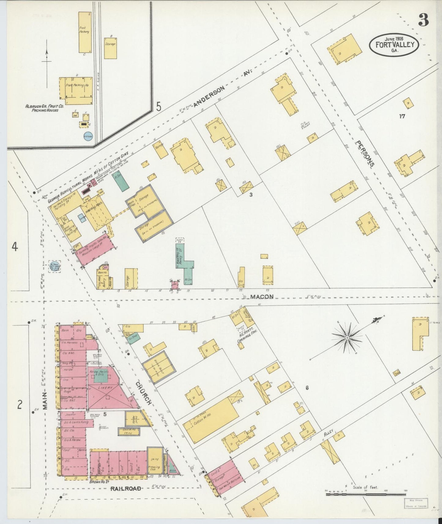 Sanborn Fire Insurance Map from Fort Valley, Peach County, Georgia (1905), Sheet #0003 - Historic Sanborn Fire Insurance Map Print, vintage old map wall art, antique decor, genealogy gift, Georgia Georgia map