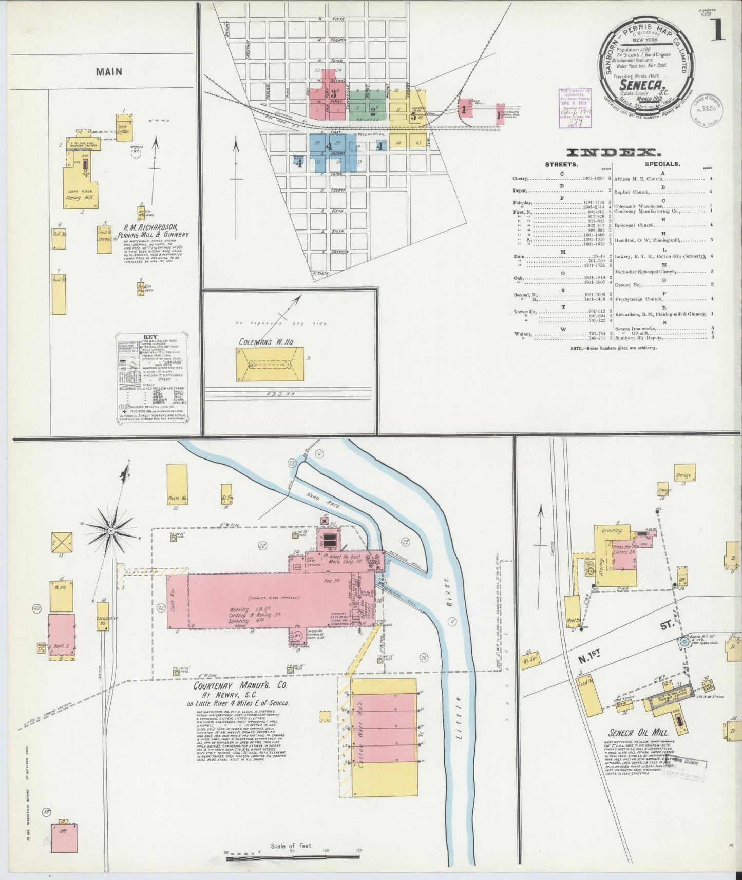 Sanborn Fire Insurance Map from Seneca, Oconee County, South Carolina (1901), Sheet #0001 - Historic Sanborn Fire Insurance Map Print, vintage old map wall art, antique decor, genealogy gift, South Carolina South Carolina map