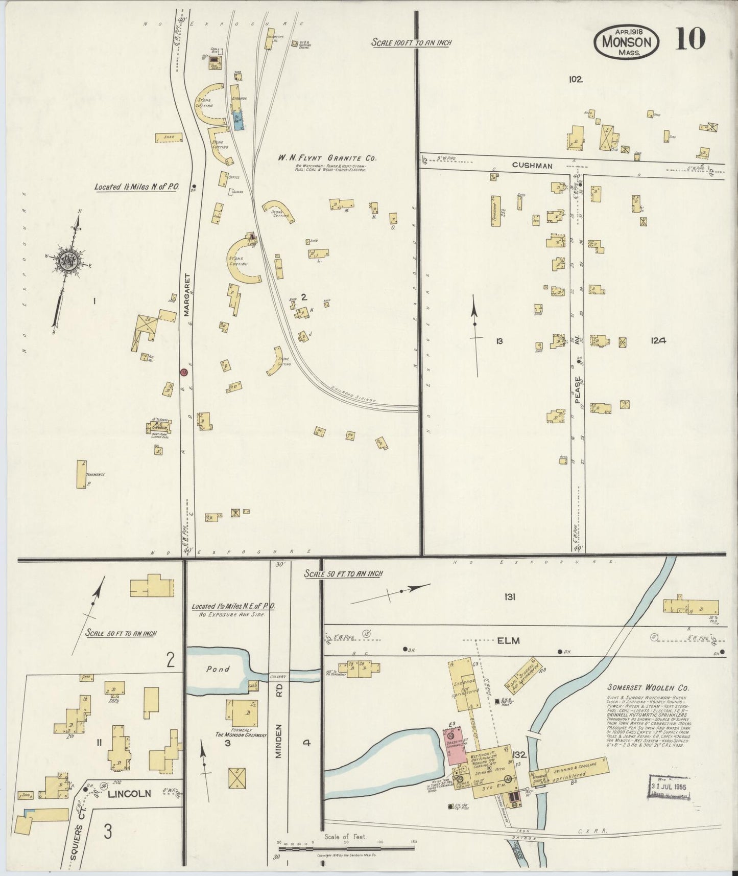 Sanborn Fire Insurance Map from Monson, Hampden County, Massachusetts (1918), Sheet #0010 - Historic Sanborn Fire Insurance Map Print, vintage old map wall art, antique decor, genealogy gift, Massachusetts Massachusetts map