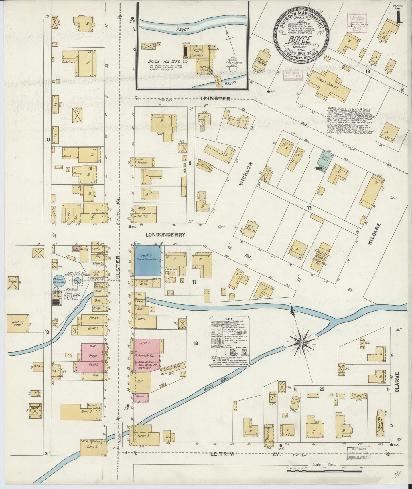 Sanborn Fire Insurance Map from Boyce, Rapides Parish, Louisiana (1907), Sheet #0001 - Historic Sanborn Fire Insurance Map Print, vintage old map wall art, antique decor, genealogy gift, Louisiana Louisiana map