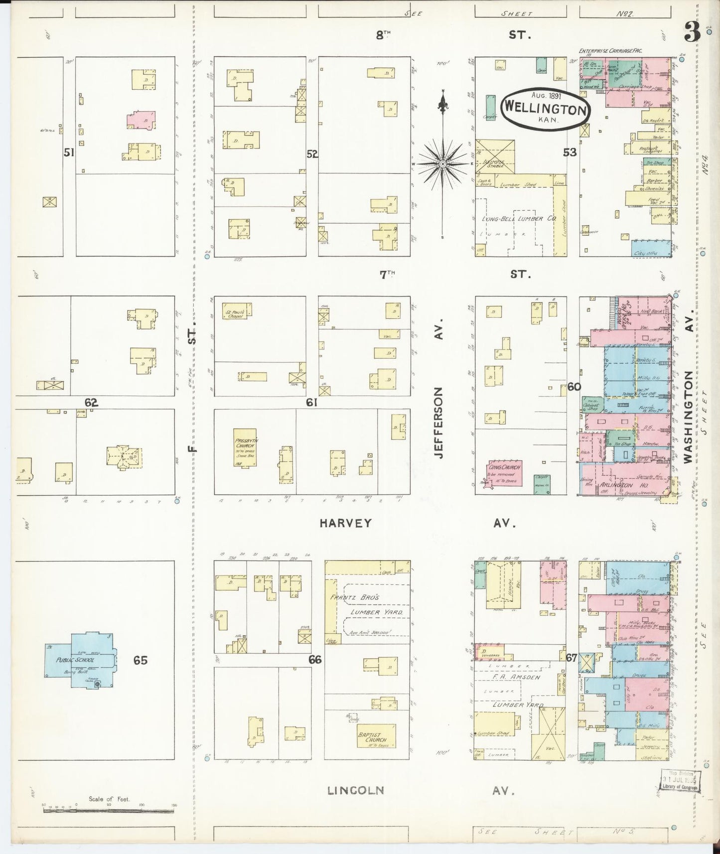 Sanborn Fire Insurance Map from Wellington, Sumner County, Kansas (1891), Sheet #0003 - Historic Sanborn Fire Insurance Map Print, vintage old map wall art, antique decor, genealogy gift, Kansas Kansas map