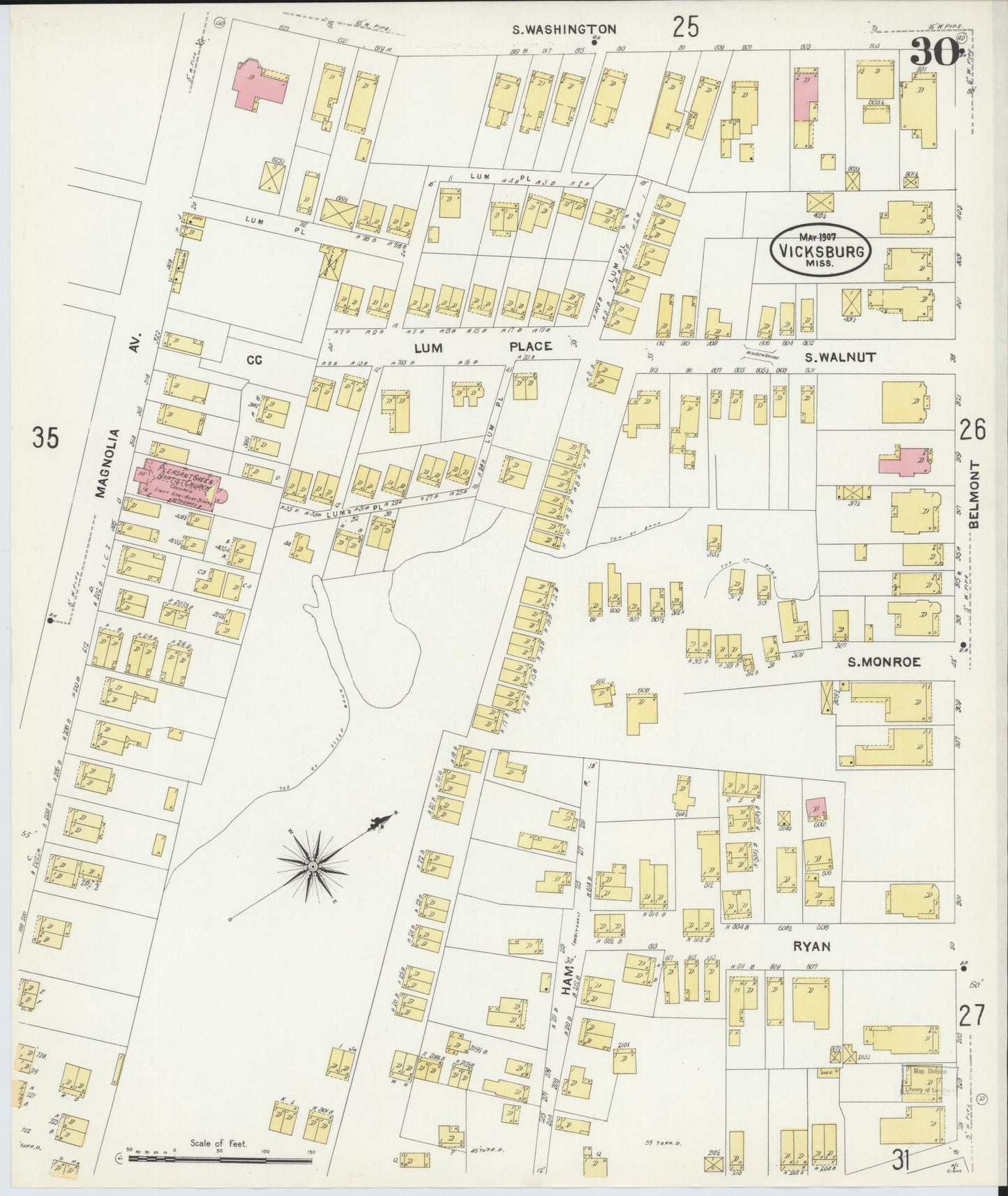 Sanborn Fire Insurance Map from Vicksburg, Warren County, Mississippi (1907), Sheet #0030 - Historic Sanborn Fire Insurance Map Print, vintage old map wall art, antique decor, genealogy gift, Mississippi Mississippi map