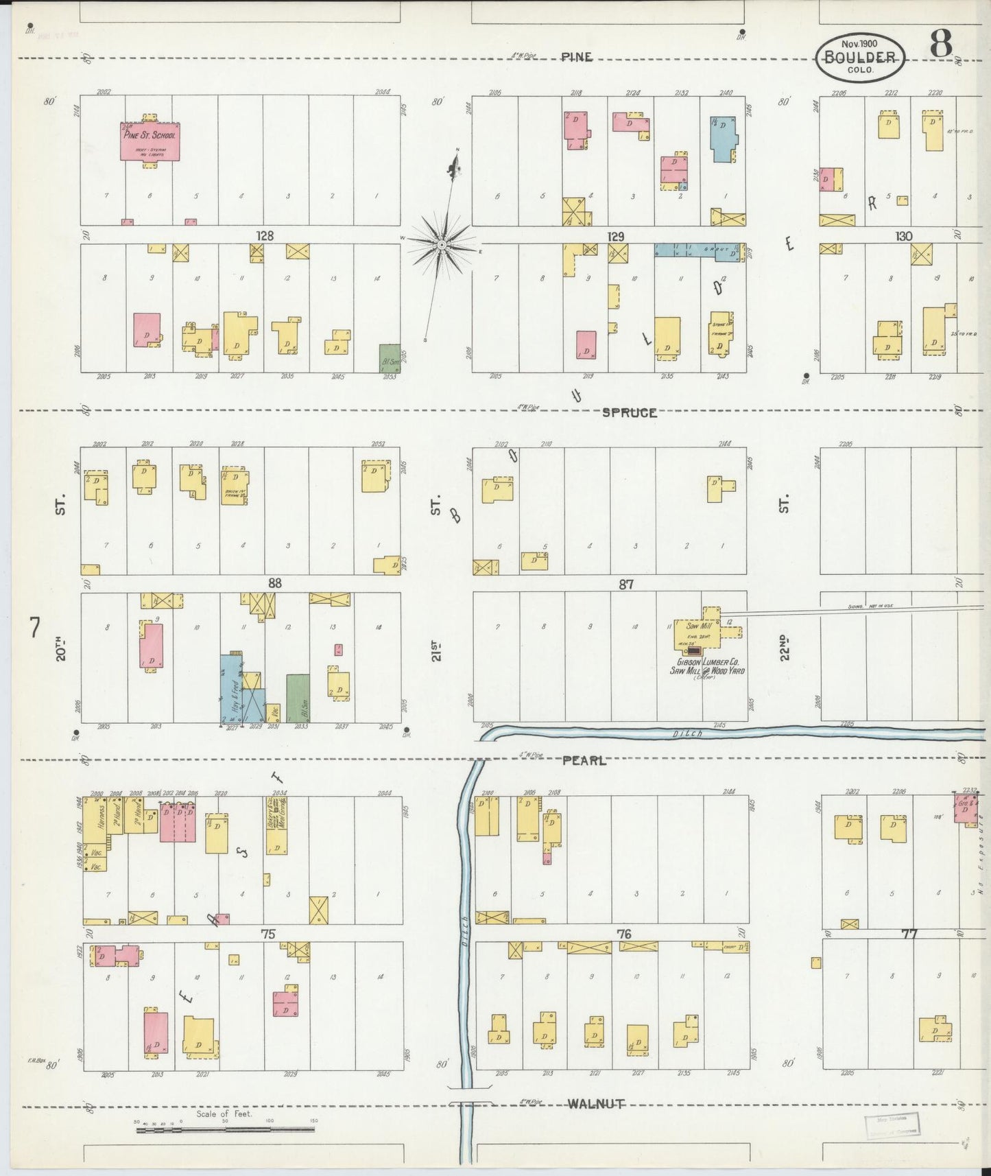 Sanborn Fire Insurance Map from Boulder, Boulder County, Colorado (1900), Sheet #0008 - Historic Sanborn Fire Insurance Map Print, vintage old map wall art, antique decor, genealogy gift, Colorado Colorado map