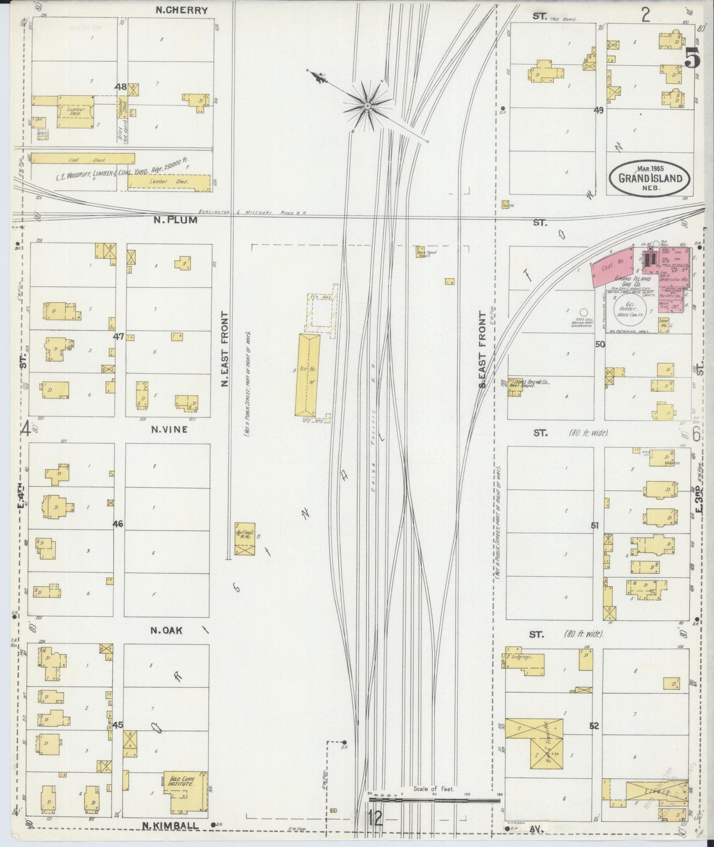Sanborn Fire Insurance Map from Grand Island, Hall County, Nebraska (1905), Sheet #0005 - Historic Sanborn Fire Insurance Map Print, vintage old map wall art, antique decor, genealogy gift, Nebraska Nebraska map
