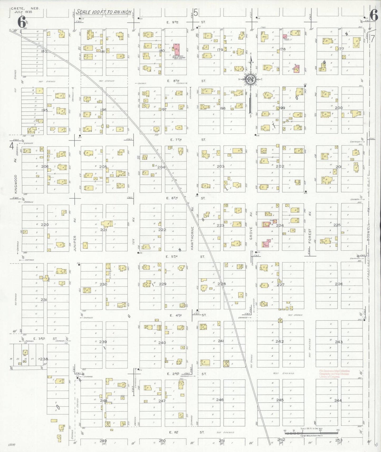 Sanborn Fire Insurance Map from Crete, Saline County, Nebraska (1935), Sheet #0006 - Historic Sanborn Fire Insurance Map Print, vintage old map wall art, antique decor, genealogy gift, Nebraska Nebraska map