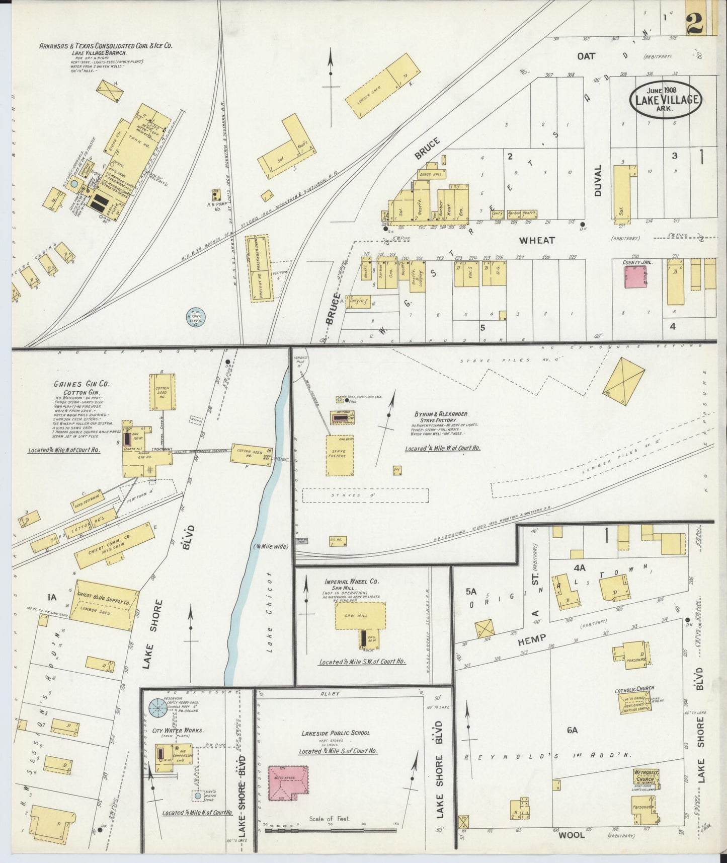 Sanborn Fire Insurance Map from Lake Village, Chicot County, Arkansas (1908), Sheet #0002 - Complete Map Set gallery image, historic Sanborn map, vintage wall art, Arkansas Arkansas