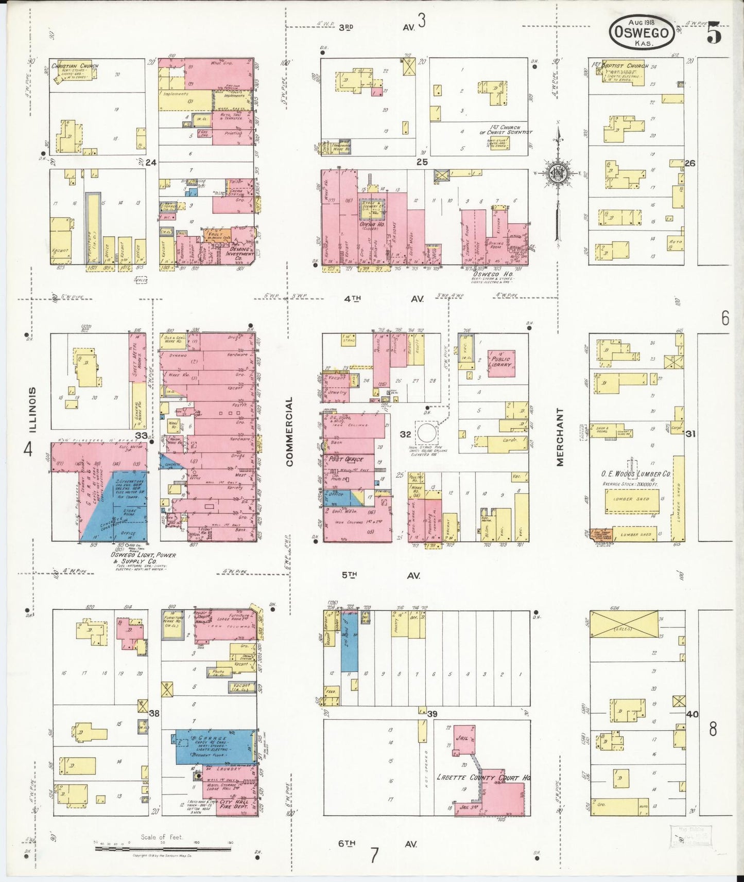 Sanborn Fire Insurance Map from Oswego, Labette County, Kansas (1918), Sheet #0005 - Historic Sanborn Fire Insurance Map Print, vintage old map wall art, antique decor, genealogy gift, Kansas Kansas map