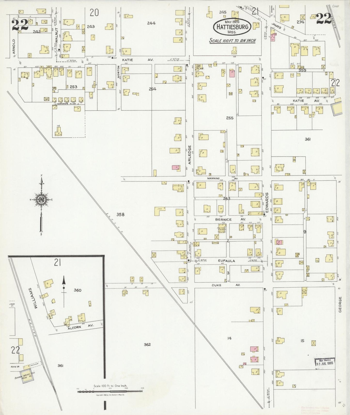 Sanborn Fire Insurance Map from Hattiesburg, Forrest County, Mississippi (1925), Sheet #0022 - Historic Sanborn Fire Insurance Map Print, vintage old map wall art, antique decor, genealogy gift, Mississippi Mississippi map