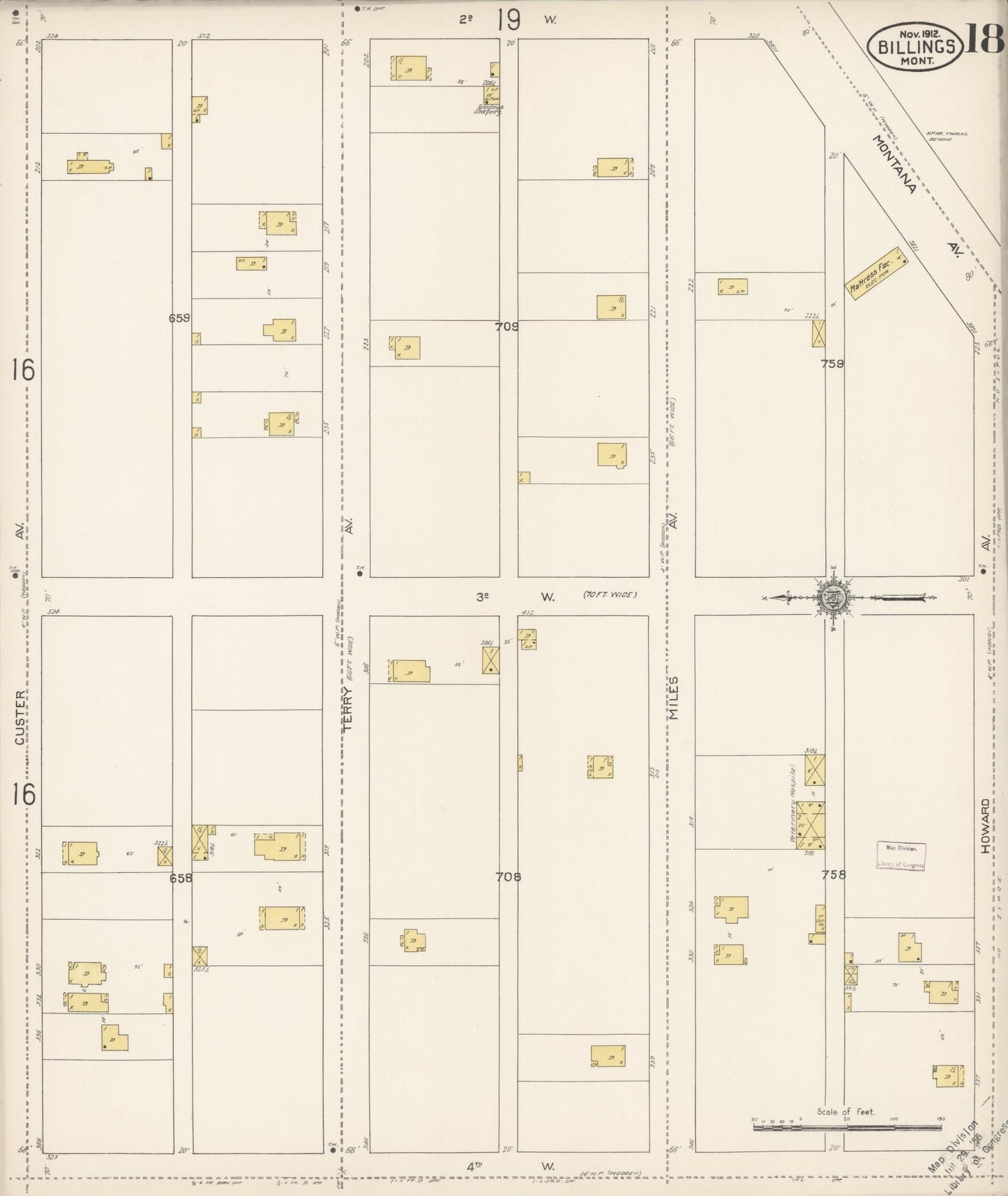 Sanborn Fire Insurance Map from Billings, Yellowstone County, Montana (1912), Sheet #0018 - Historic Sanborn Fire Insurance Map Print, vintage old map wall art, antique decor, genealogy gift, Montana Montana map