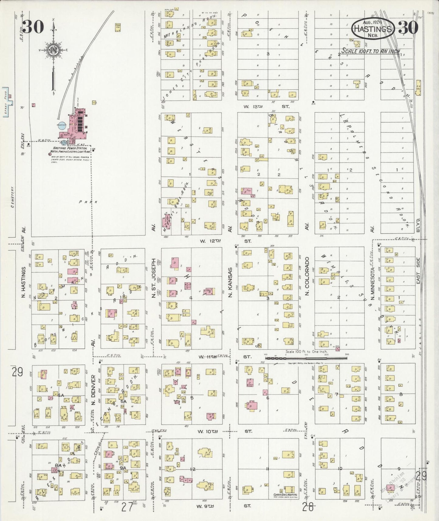 Sanborn Fire Insurance Map from Hastings, Adams County, Nebraska (1924), Sheet #0030 - Historic Sanborn Fire Insurance Map Print, vintage old map wall art, antique decor, genealogy gift, Nebraska Nebraska map