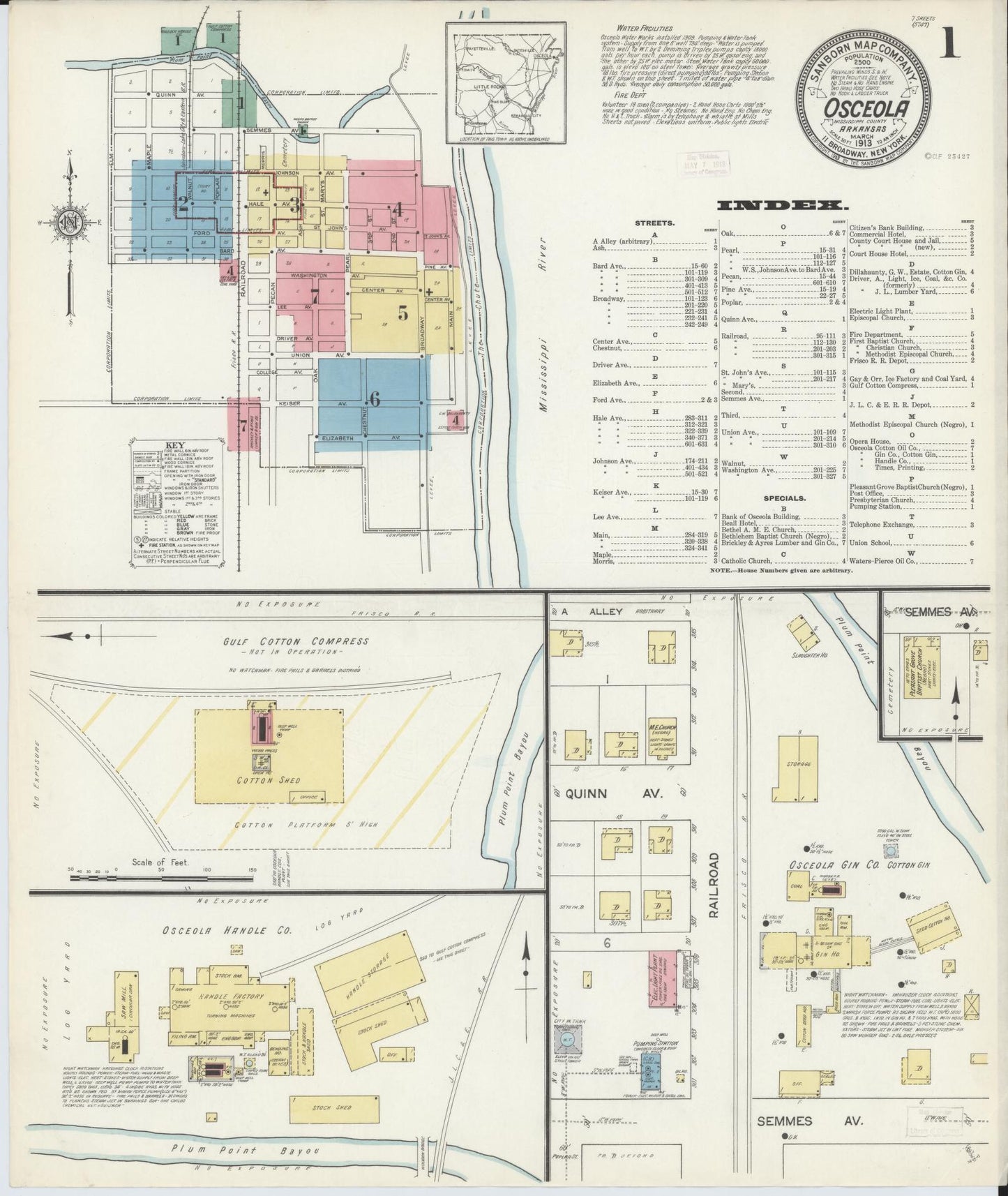 Sanborn Fire Insurance Map from Osceola, Mississippi County, Arkansas (1913), Sheet #0001 - Historic Sanborn Fire Insurance Map Print, vintage old map wall art, antique decor, genealogy gift, Osceola Mississippi map