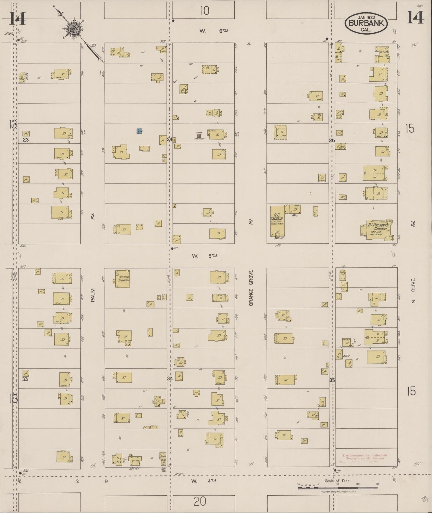 Sanborn Fire Insurance Map from Burbank, Los Angeles County, California (1923), Sheet #0014 - Historic Sanborn Fire Insurance Map Print, vintage old map wall art, antique decor, genealogy gift, California California map