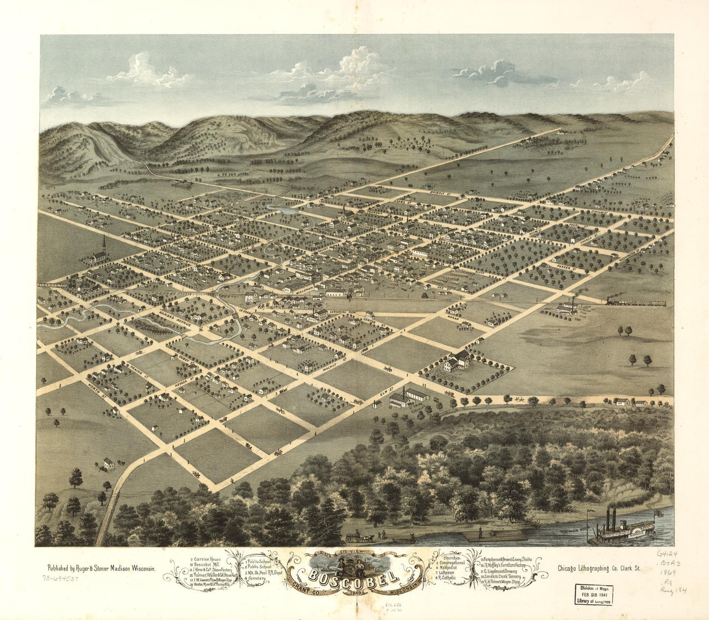 Bird's eye view of Boscobel, Grant Co., Wisconsin 1869. (1869) – Historic Bird’s-Eye View Panorama Print