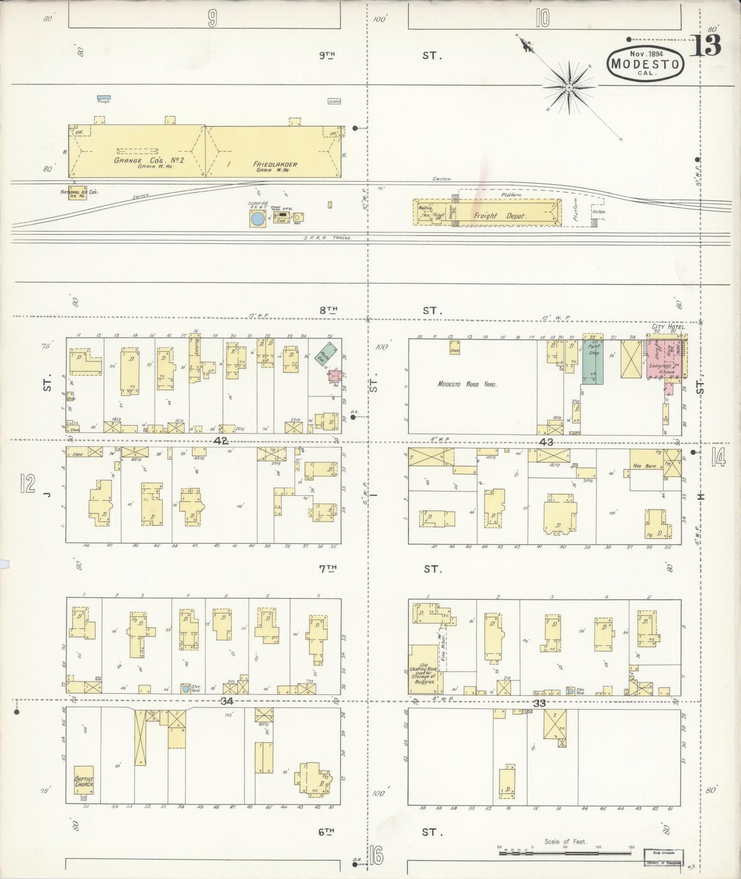 Sanborn Fire Insurance Map from Modesto, Stanislaus County, California (1894), Sheet #0013 - Historic Sanborn Fire Insurance Map Print, vintage old map wall art, antique decor, genealogy gift, California California map