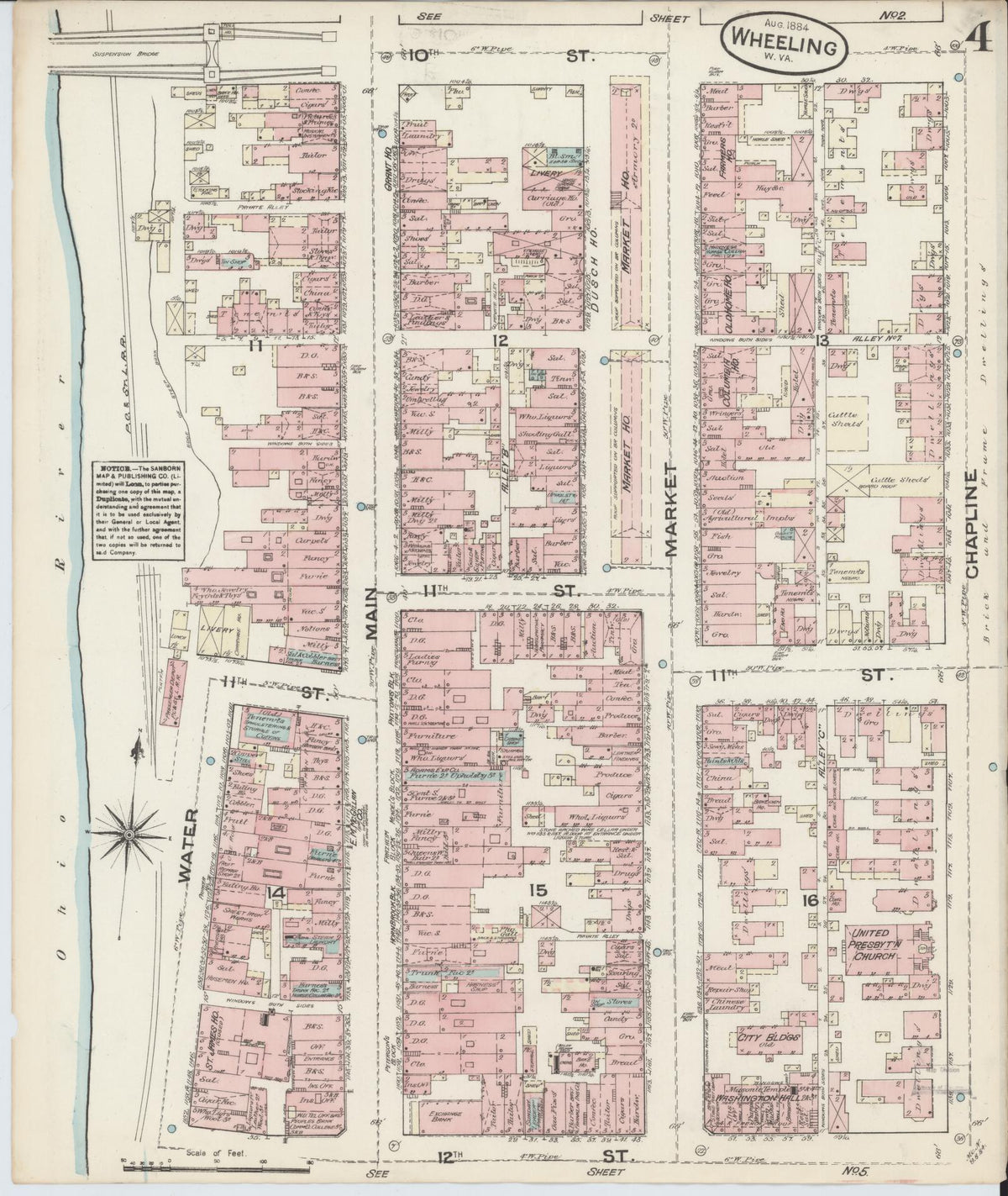 Sanborn Fire Insurance Map from Wheeling, Ohio County, West Virginia (1884), Sheet #0004 - Historic Sanborn Fire Insurance Map Print, vintage old map wall art, antique decor, genealogy gift, West Virginia West Virginia map
