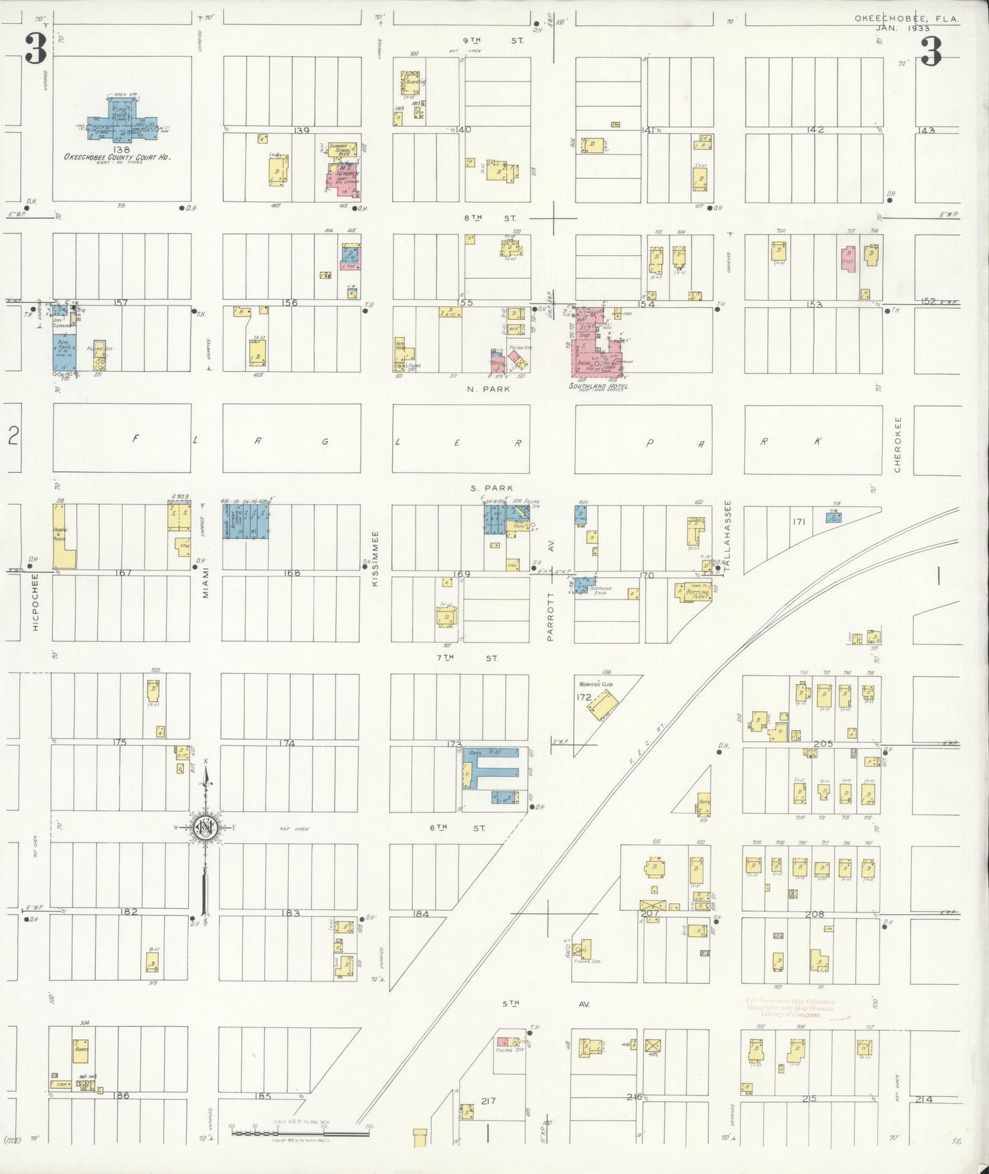 Sanborn Fire Insurance Map from Okeechobee, Okeechobee County, Florida (1933), Sheet #0003 - Complete Map Set gallery image, historic Sanborn map, vintage wall art, Florida Florida