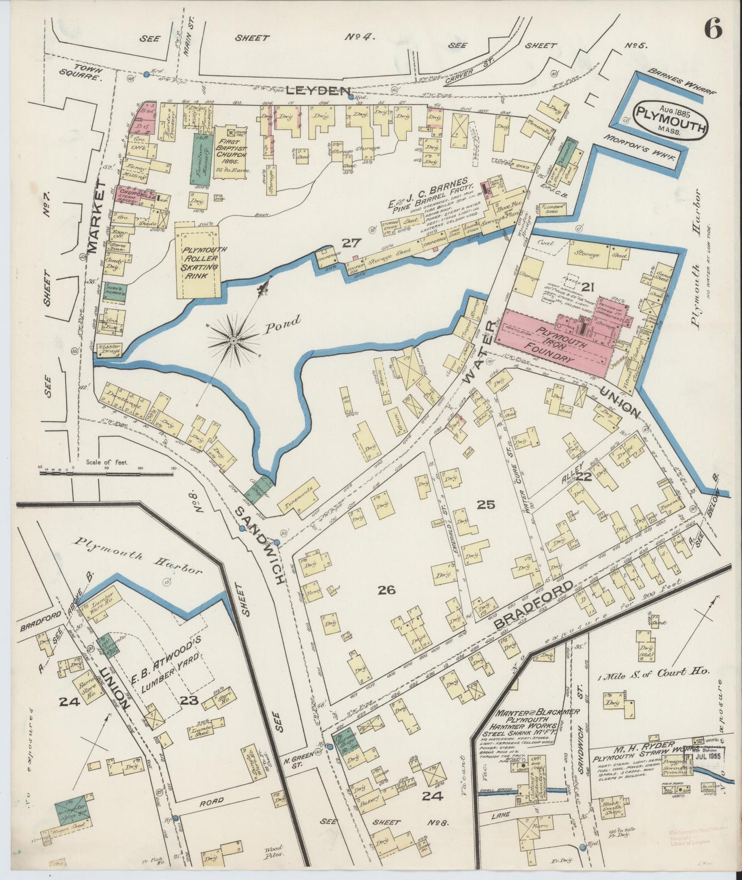 Sanborn Fire Insurance Map from Plymouth, Plymouth County, Massachusetts (1885), Sheet #0006 - Historic Sanborn Fire Insurance Map Print, vintage old map wall art, antique decor, genealogy gift, Massachusetts Massachusetts map