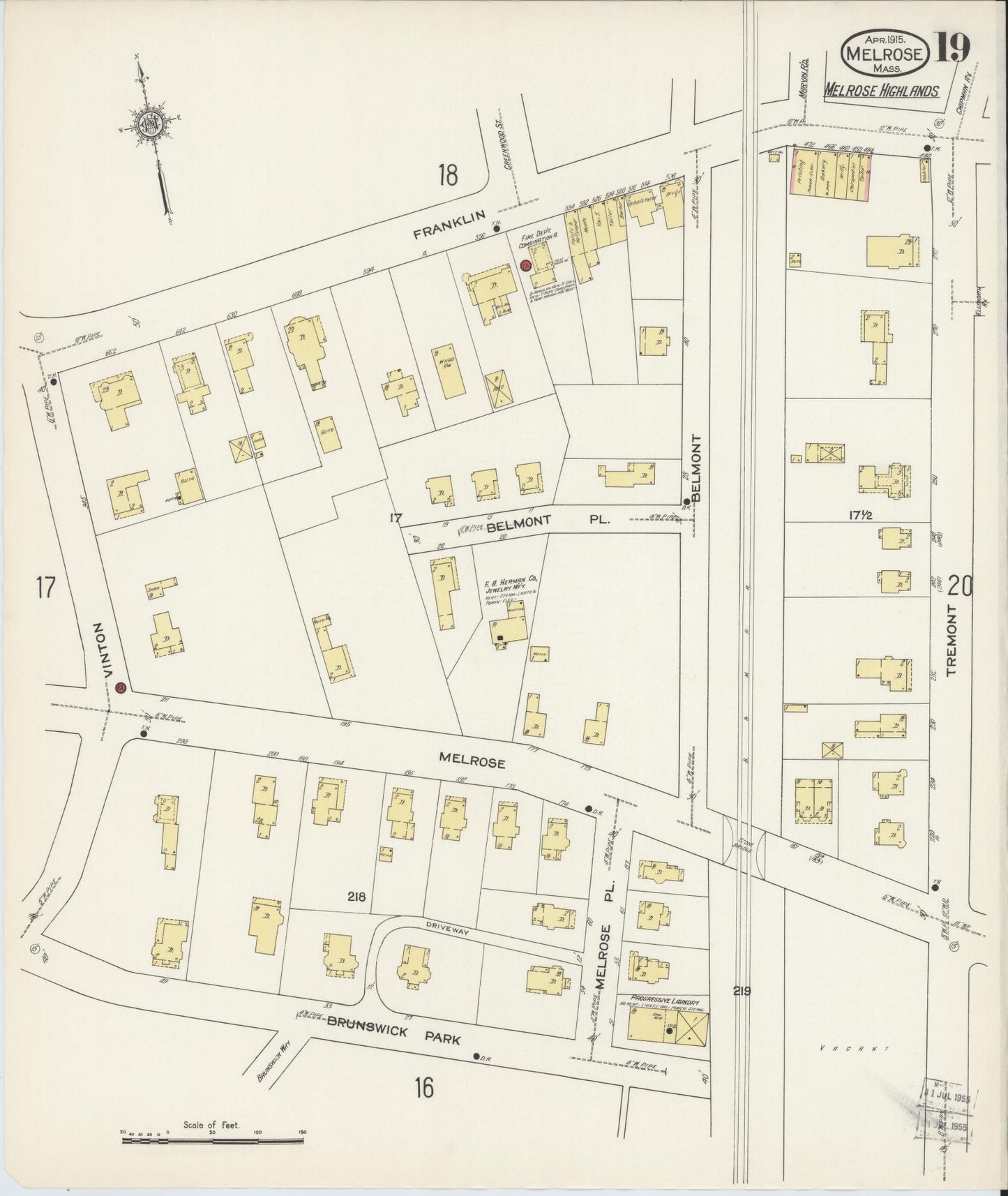 Sanborn Fire Insurance Map from Melrose, Middlesex County, Massachusetts (1915), Sheet #0019 - Historic Sanborn Fire Insurance Map Print, vintage old map wall art, antique decor, genealogy gift, Massachusetts Massachusetts map