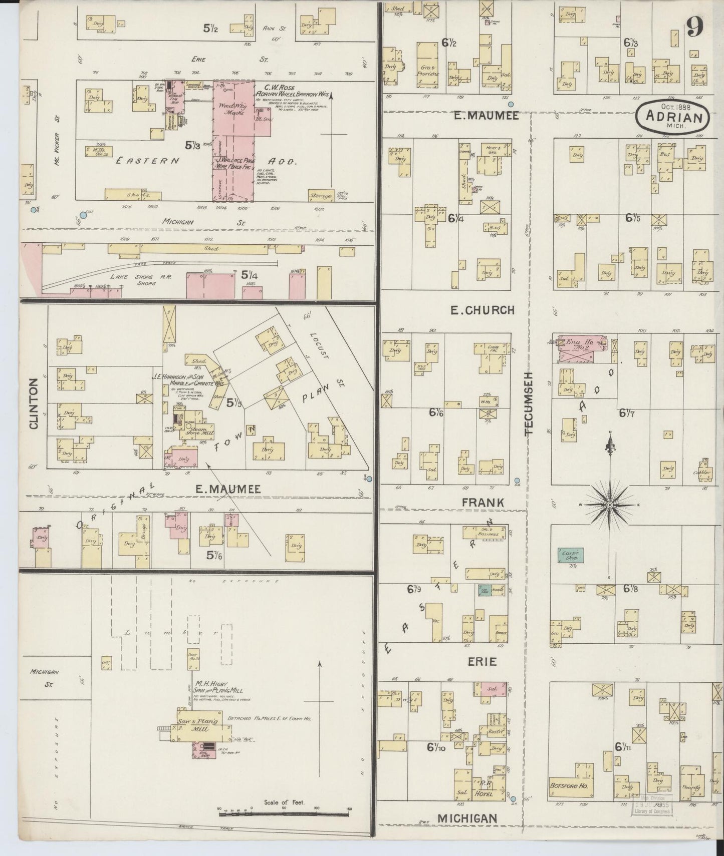 Sanborn Fire Insurance Map from Adrian, Lenawee County, Michigan (1888), Sheet #0009 - Historic Sanborn Fire Insurance Map Print, vintage old map wall art, antique decor, genealogy gift, Michigan Michigan map
