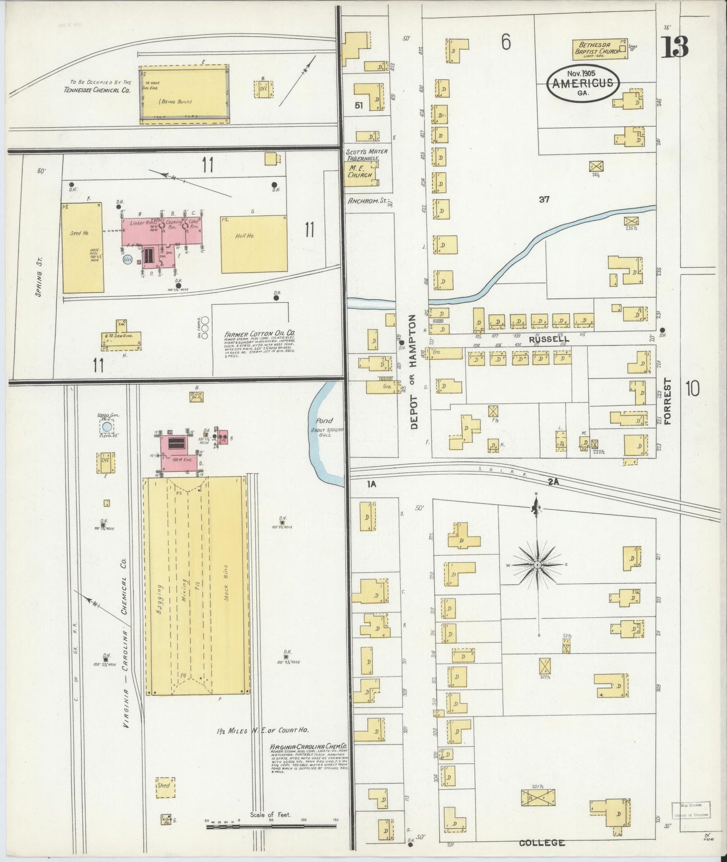 Sanborn Fire Insurance Map from Americus, Sumter County, Georgia (1905), Sheet #0013 - Historic Sanborn Fire Insurance Map Print, vintage old map wall art, antique decor, genealogy gift, Georgia Georgia map