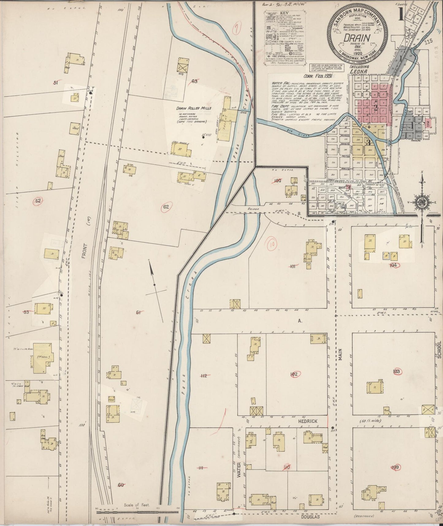 Sanborn Fire Insurance Map from Drain, Douglas County, Oregon (1931), Sheet #0001 - Historic Sanborn Fire Insurance Map Print, vintage old map wall art, antique decor, genealogy gift, Oregon Oregon map
