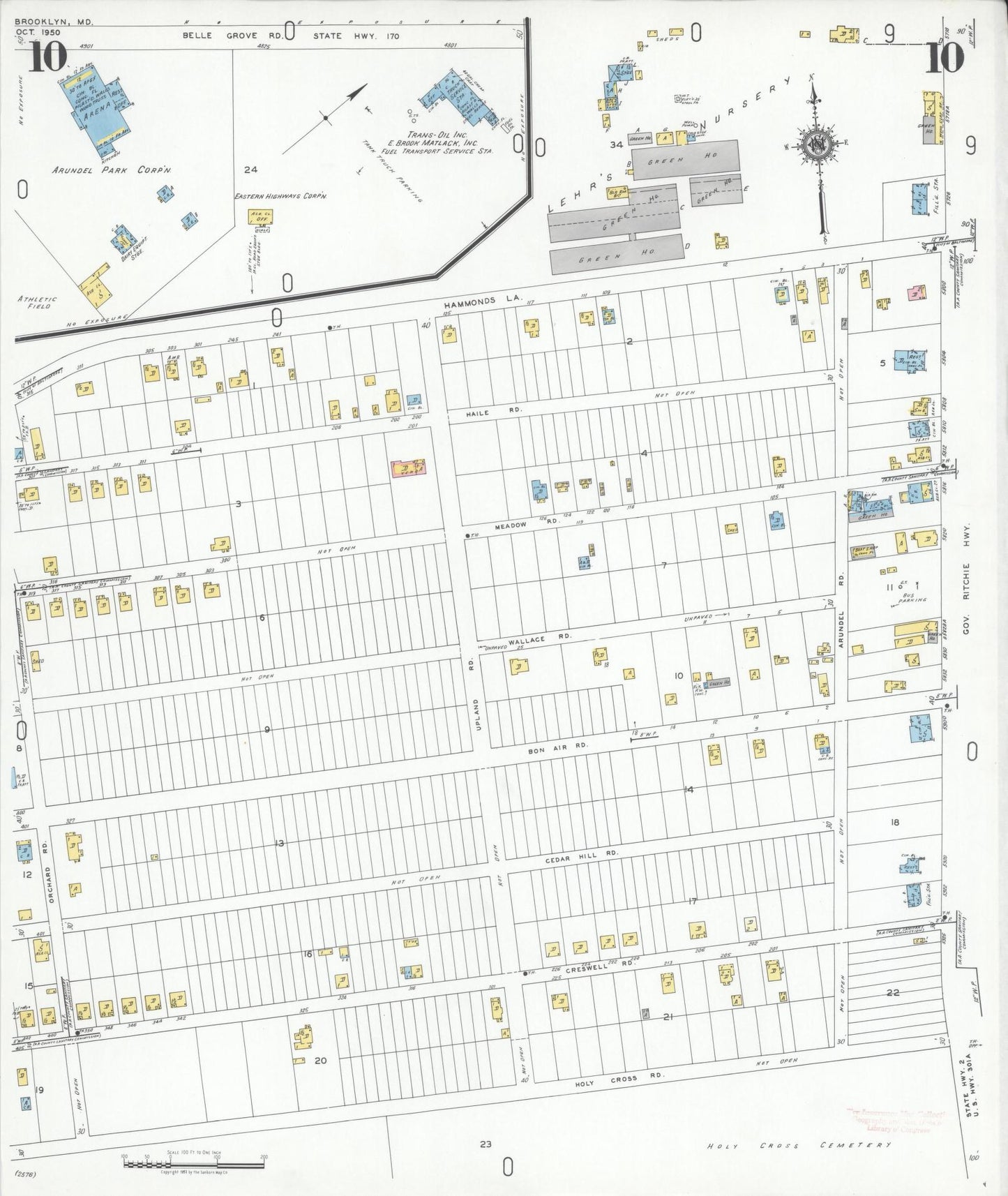 Sanborn Fire Insurance Map from Brooklyn, Anne Arundel County, Maryland (1950), Sheet #0010 - Historic Sanborn Fire Insurance Map Print, vintage old map wall art