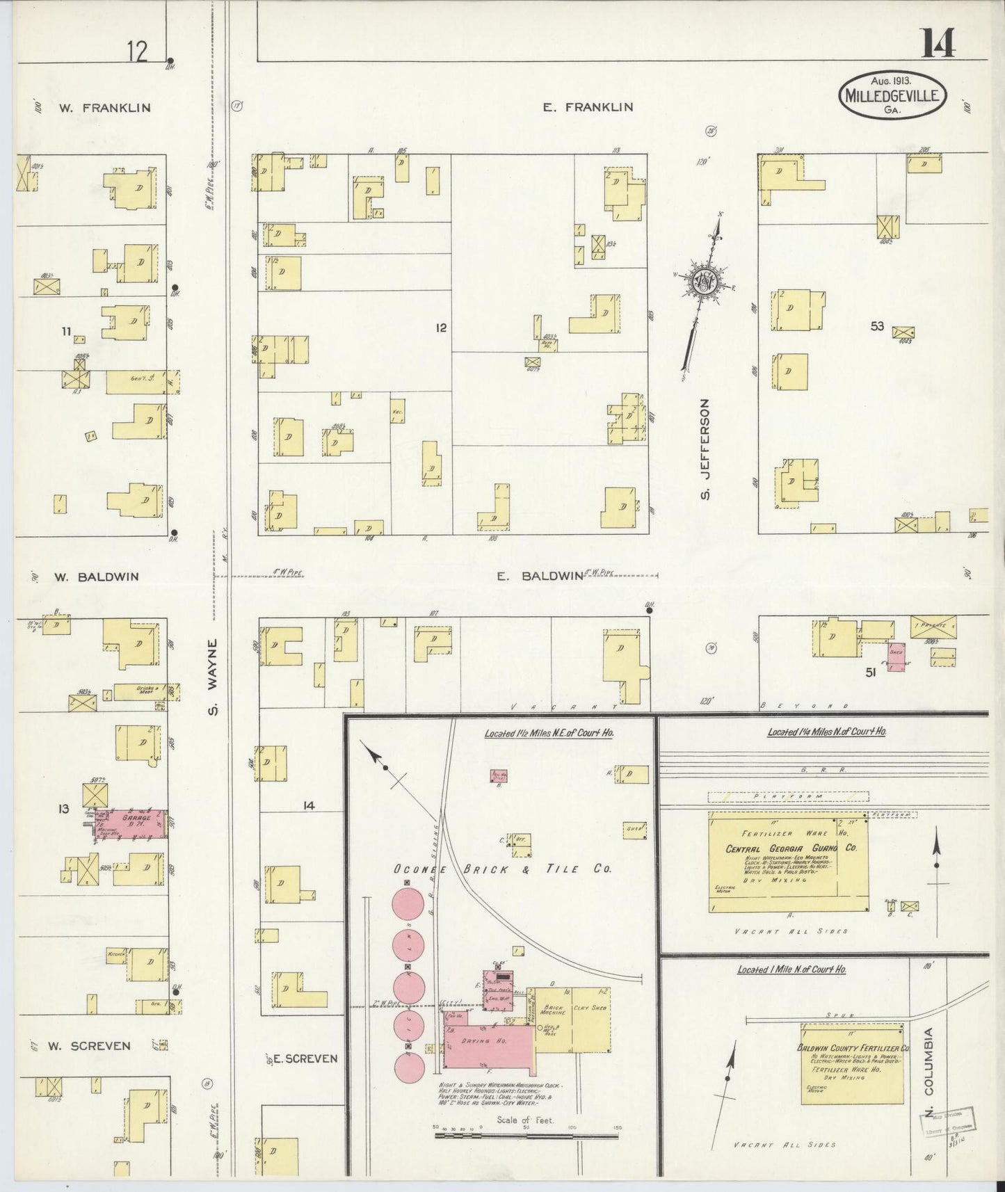 Sanborn Fire Insurance Map from Milledgeville, Baldwin County, Georgia (1913), Sheet #0014 - Historic Sanborn Fire Insurance Map Print, vintage old map wall art, antique decor, genealogy gift, Georgia Georgia map