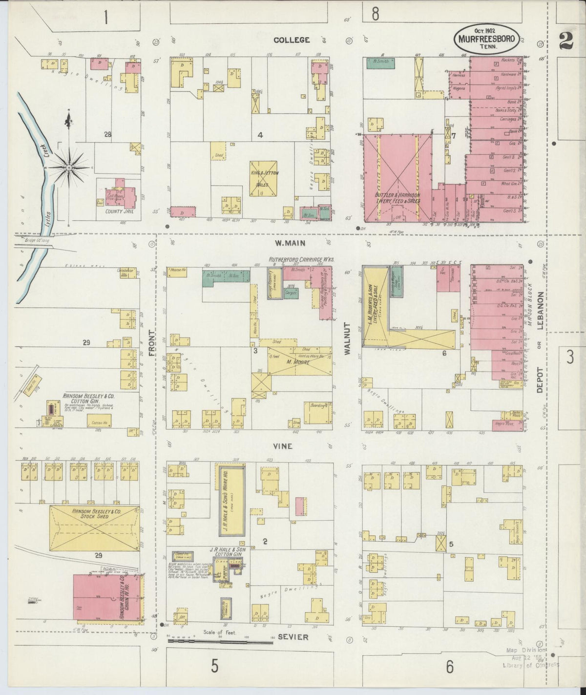 Sanborn Fire Insurance Map from Murfreesboro, Rutherford County, Tennessee (1902), Sheet #0002 - Historic Sanborn Fire Insurance Map Print, vintage old map wall art, antique decor, genealogy gift, Tennessee Tennessee map