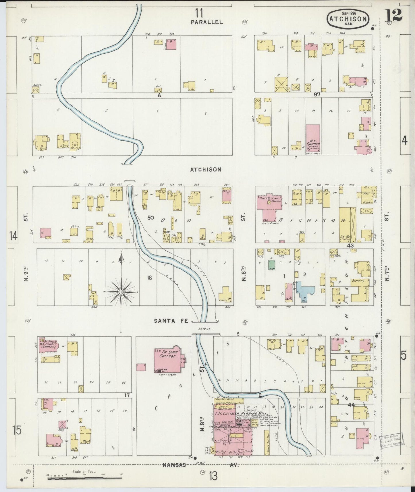 Sanborn Fire Insurance Map from Atchison, Atchison County, Kansas (1896), Sheet #0012 - Historic Sanborn Fire Insurance Map Print, vintage old map wall art, antique decor, genealogy gift, Kansas Kansas map