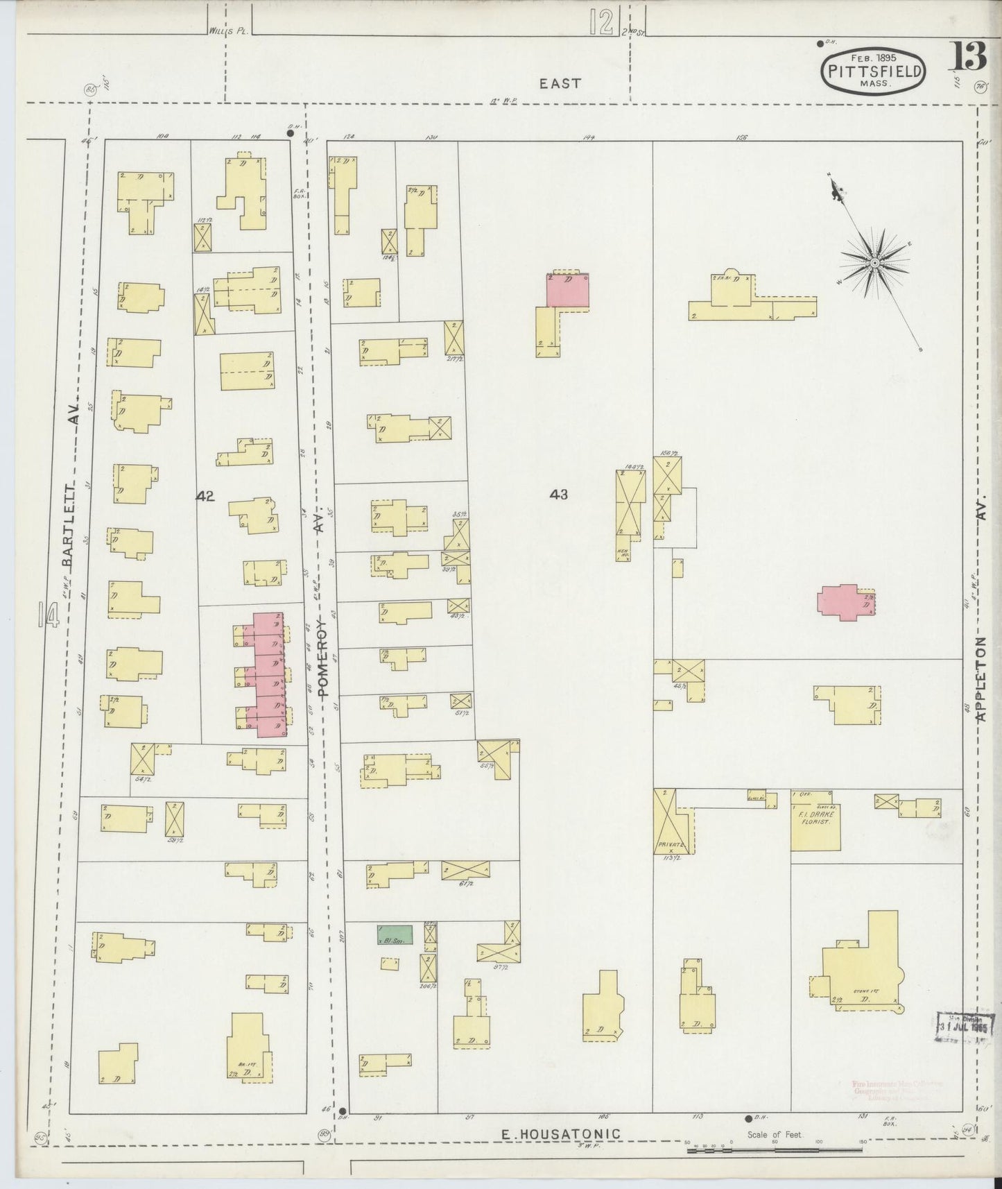 Sanborn Fire Insurance Map from Pittsfield, Berkshire County, Massachusetts (1895), Sheet #0013 - Historic Sanborn Fire Insurance Map Print, vintage old map wall art, antique decor, genealogy gift, Massachusetts Massachusetts map