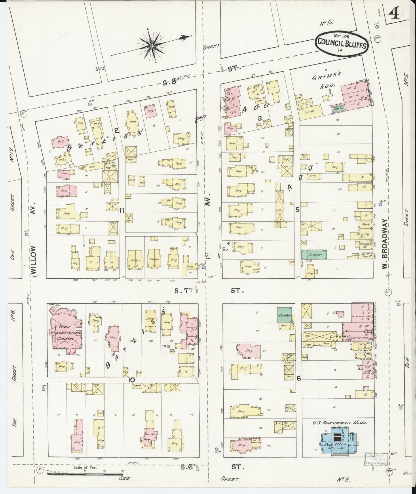Sanborn Fire Insurance Map from Council Bluffs, Pottawattamie County, Iowa (1891), Sheet #0004 - Historic Sanborn Fire Insurance Map Print, vintage old map wall art