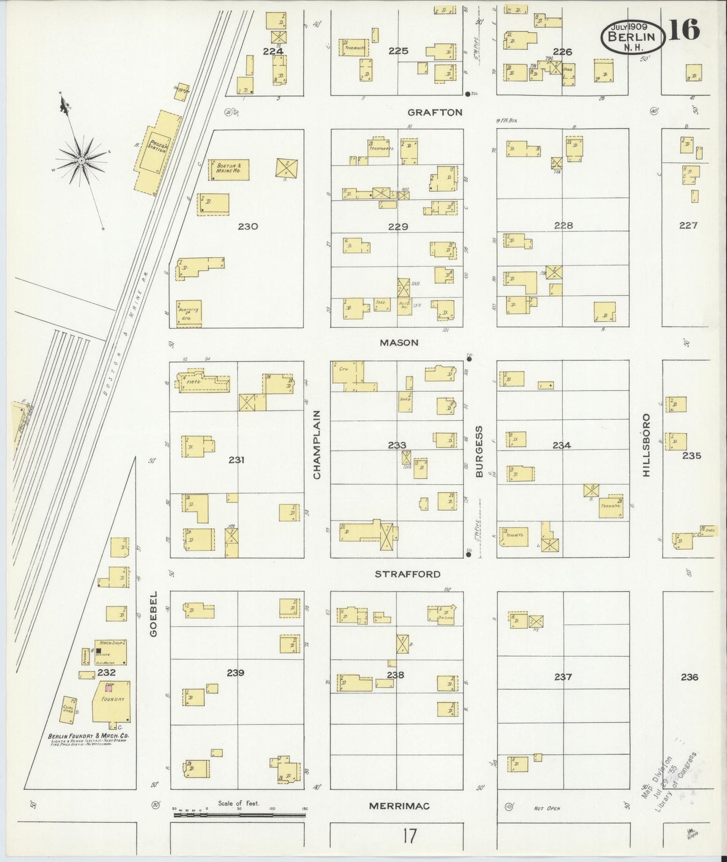 Sanborn Fire Insurance Map from Berlin, Coos County, New Hampshire (1909), Sheet #0016 - Historic Sanborn Fire Insurance Map Print, vintage old map wall art, antique decor, genealogy gift, New Hampshire New Hampshire map