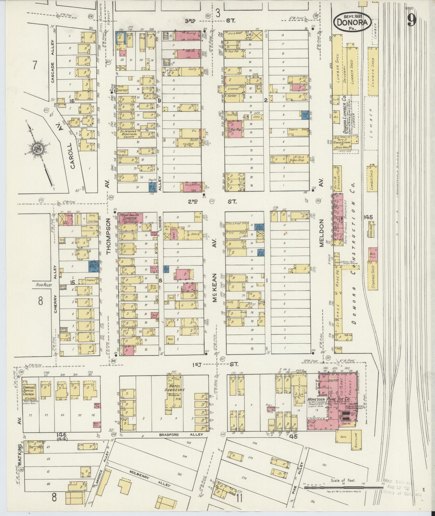 Sanborn Fire Insurance Map from Donora, Washington County, Pennsylvania (1921), Sheet #0009 - Historic Sanborn Fire Insurance Map Print, vintage old map wall art, antique decor, genealogy gift, Pennsylvania Pennsylvania map