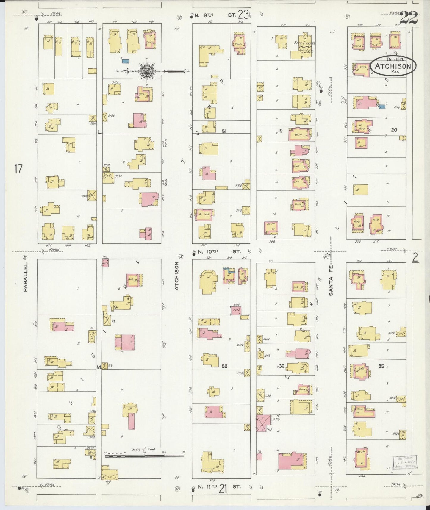 Sanborn Fire Insurance Map from Atchison, Atchison County, Kansas (1910), Sheet #0022 - Historic Sanborn Fire Insurance Map Print, vintage old map wall art, antique decor, genealogy gift, Kansas Kansas map