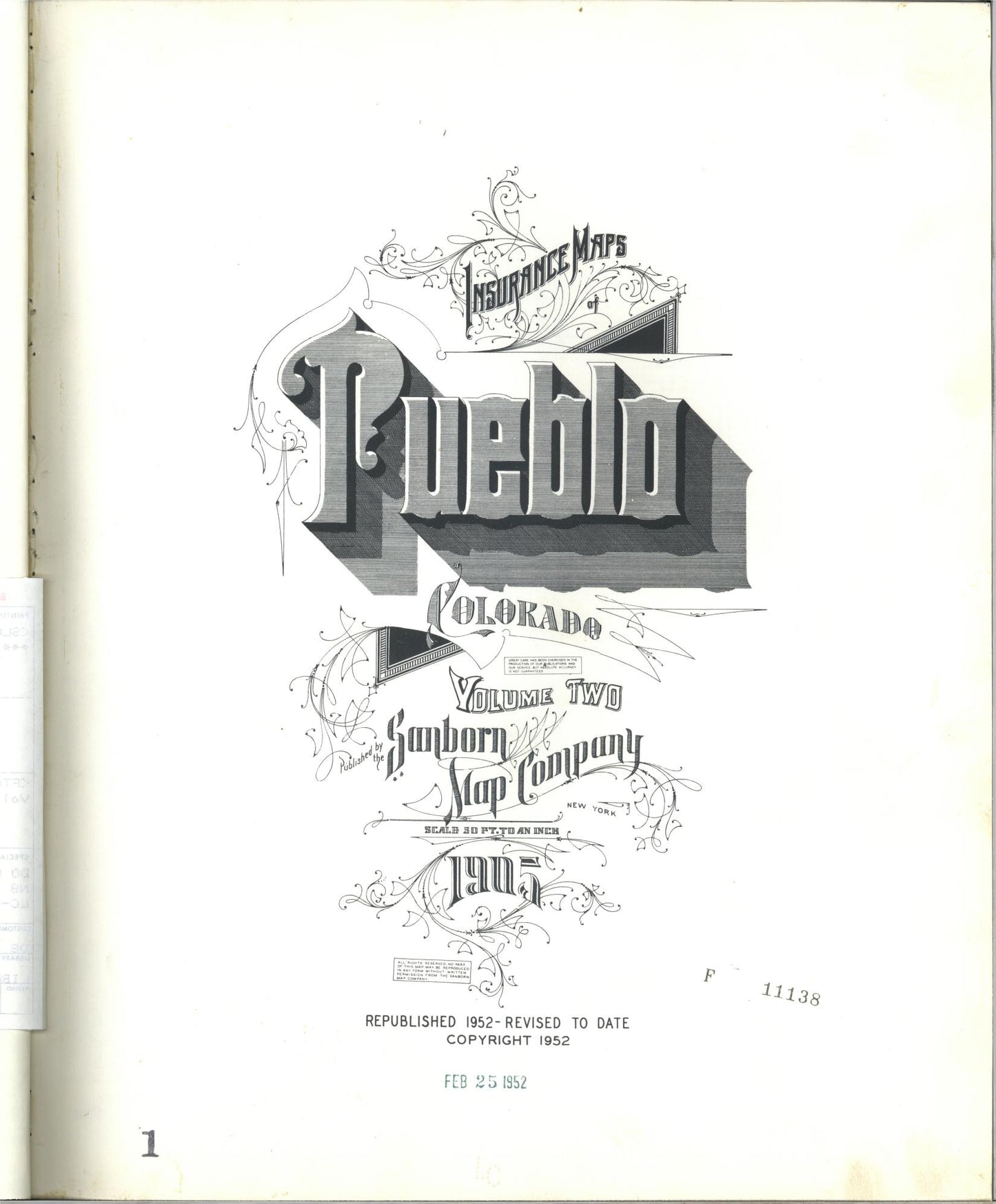 Sanborn Fire Insurance Map from Pueblo, Pueblo County, Colorado (1952), Sheet #0001 - Historic Sanborn Fire Insurance Map Print, vintage old map wall art, antique decor, genealogy gift, Colorado Colorado map
