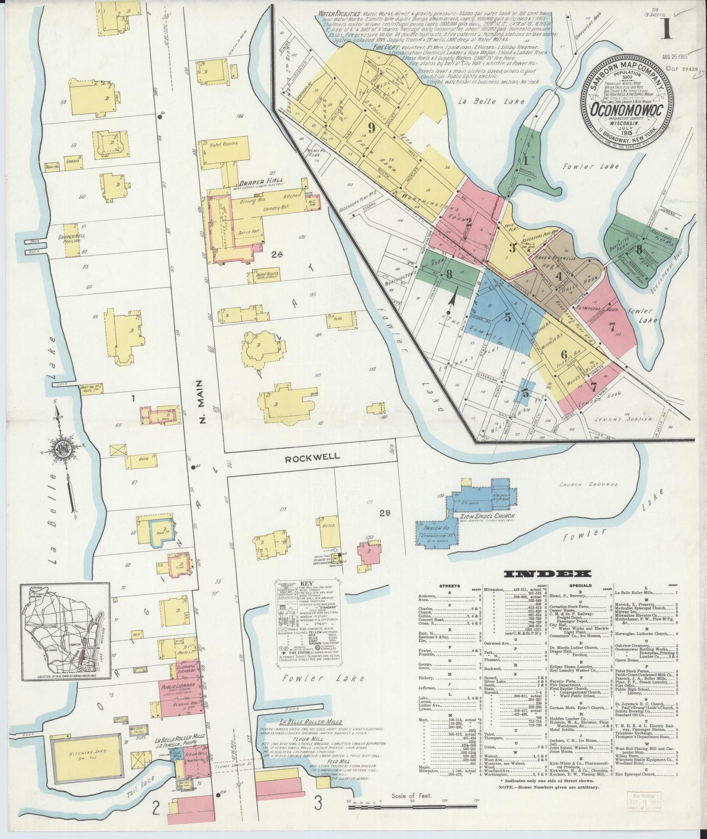Sanborn Fire Insurance Map from Oconomowoc, Waukesha County, Wisconsin (1915), Sheet #0001 - Historic Sanborn Fire Insurance Map Print, vintage old map wall art, antique decor, genealogy gift, Wisconsin Wisconsin map
