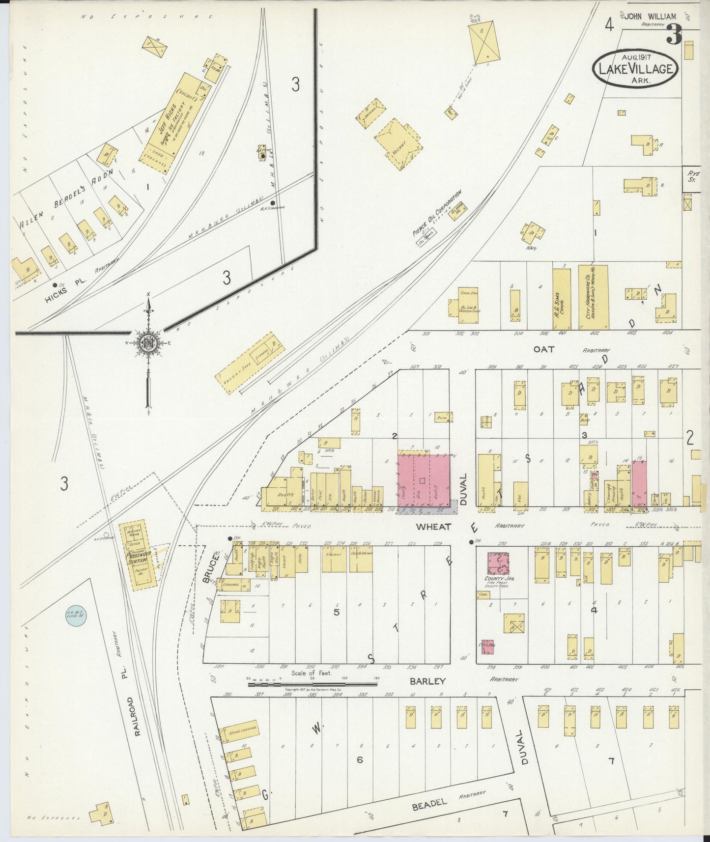 Sanborn Fire Insurance Map from Lake Village, Chicot County, Arkansas (1917), Sheet #0003 - Historic Sanborn Fire Insurance Map Print, vintage old map wall art, antique decor, genealogy gift, Arkansas Arkansas map