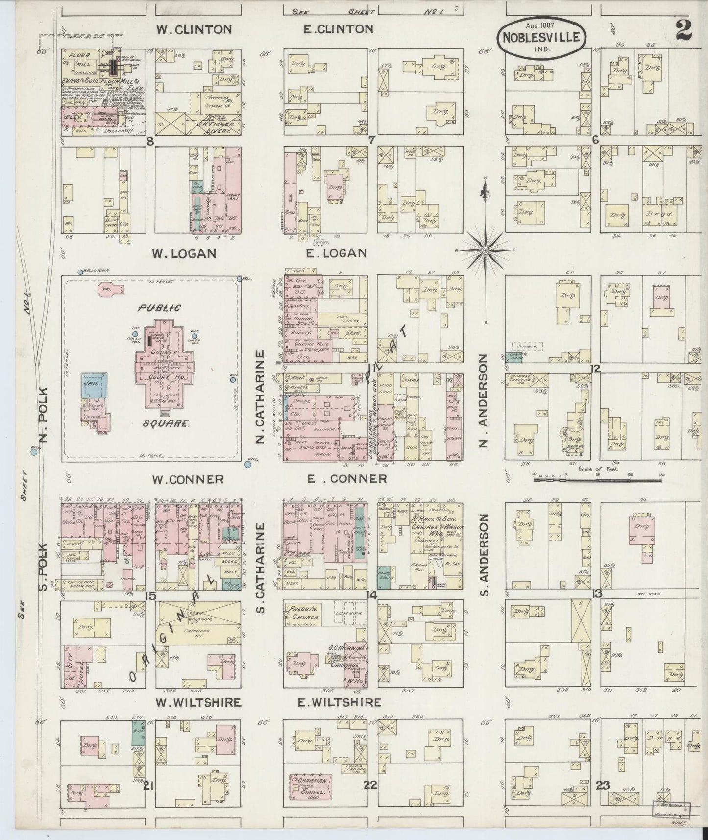 Sanborn Fire Insurance Map from Noblesville, Hamilton County, Indiana (1887), Sheet #0002 - Complete Map Set gallery image, historic Sanborn map, vintage wall art, Indiana Indiana