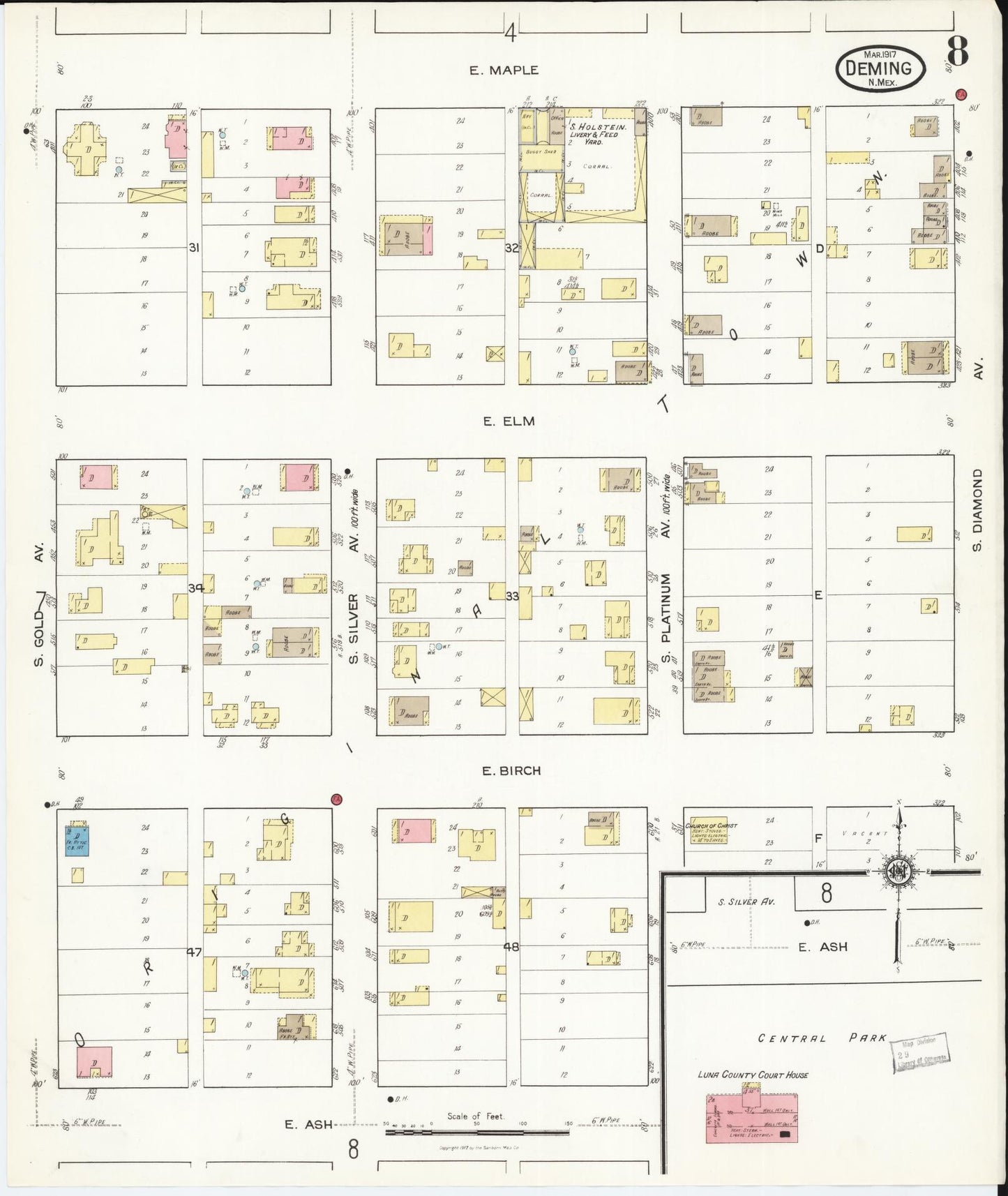 Sanborn Fire Insurance Map from Deming, Luna County, New Mexico (1917), Sheet #0008 - Historic Sanborn Fire Insurance Map Print, vintage old map wall art, antique decor, genealogy gift, New Mexico New Mexico map