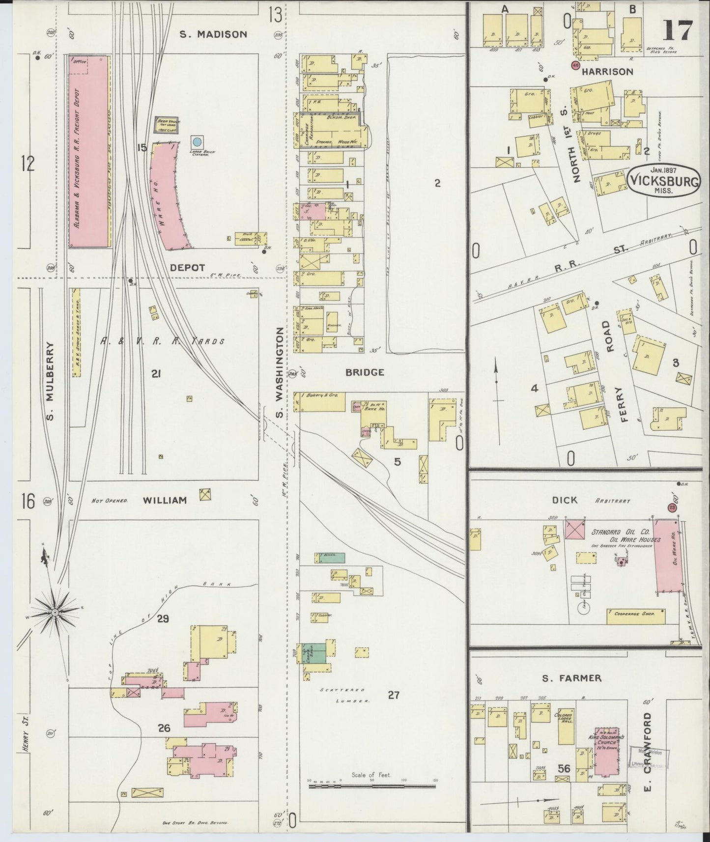 Sanborn Fire Insurance Map from Vicksburg, Warren County, Mississippi (1897), Sheet #0017 - Historic Sanborn Fire Insurance Map Print, vintage old map wall art, antique decor, genealogy gift, Mississippi Mississippi map
