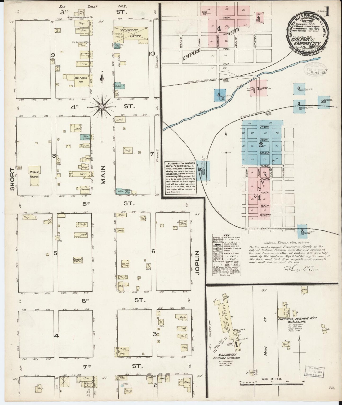 Sanborn Fire Insurance Map from Galena, Cherokee County, Kansas (1885), Sheet #0001 - Historic Sanborn Fire Insurance Map Print, vintage old map wall art, antique decor, genealogy gift, Kansas Kansas map