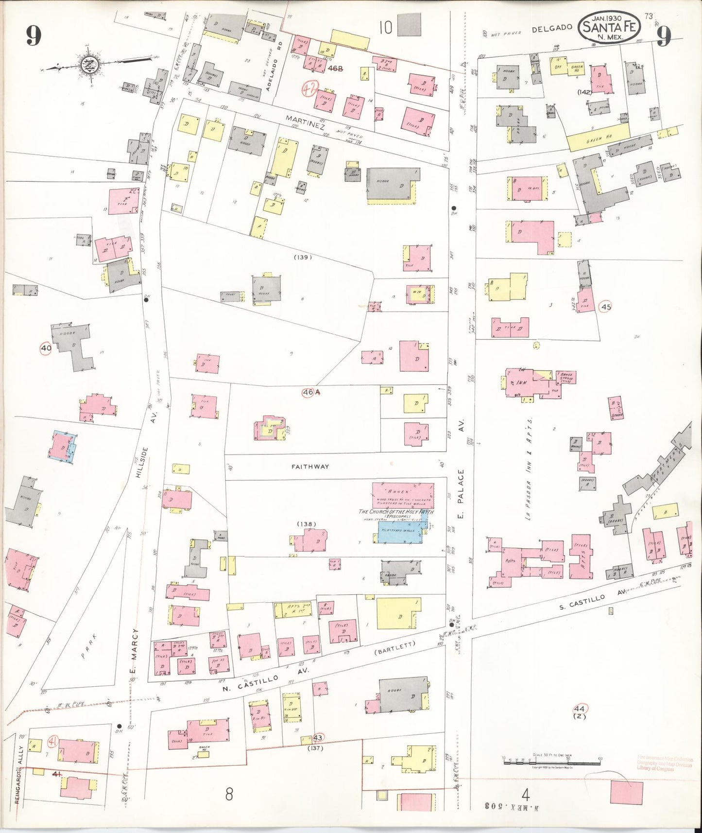 Sanborn Fire Insurance Map from Santa Fe, Santa Fe County, New Mexico (1948), Sheet #0009 - Historic Sanborn Fire Insurance Map Print, vintage old map wall art, antique decor, genealogy gift, New Mexico New Mexico map