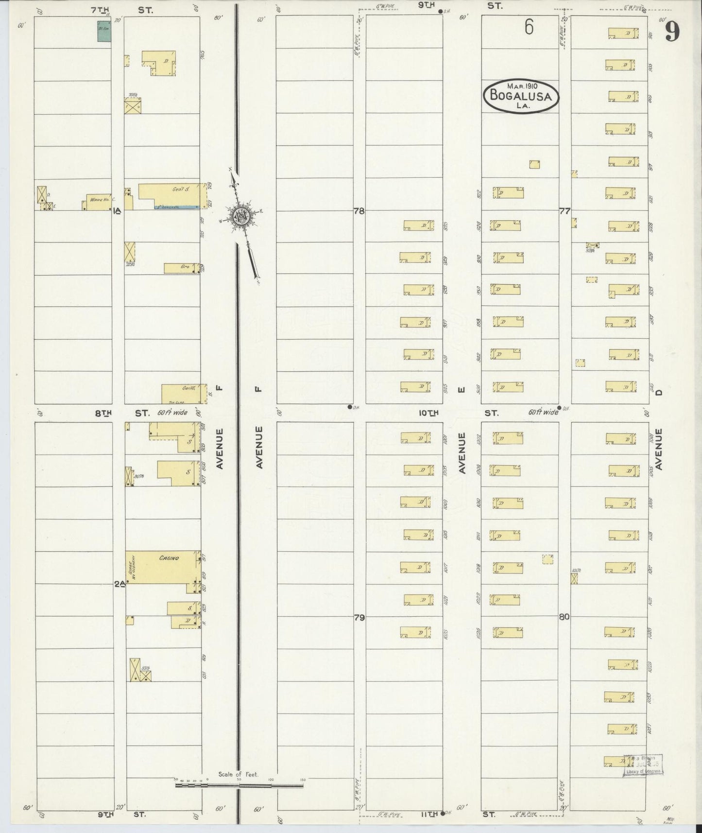 Sanborn Fire Insurance Map from Bogalusa, Washington Parish, Louisiana (1910), Sheet #0009 - Historic Sanborn Fire Insurance Map Print, vintage old map wall art, antique decor, genealogy gift, Louisiana Louisiana map