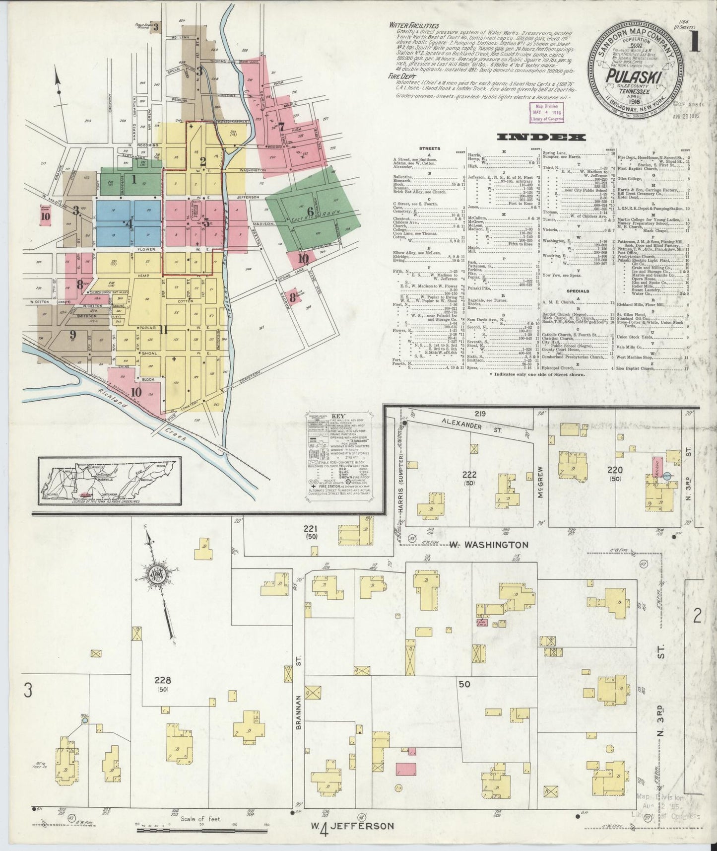 Sanborn Fire Insurance Map from Pulaski, Giles County, Tennessee (1916), Sheet #0001 - Historic Sanborn Fire Insurance Map Print, vintage old map wall art, antique decor, genealogy gift, Tennessee Tennessee map