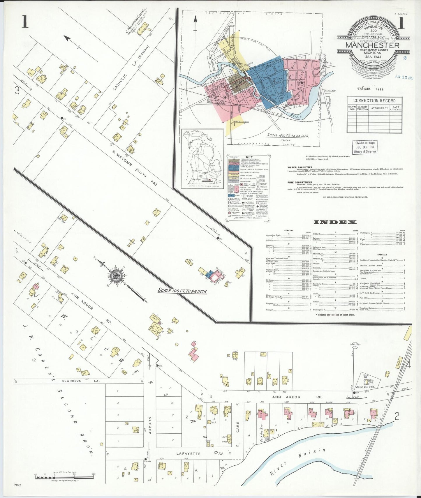 Sanborn Fire Insurance Map from Manchester, Washtenaw County, Michigan. (1941), Sheet 1 – Historic Sanborn Fire Insurance Map Print