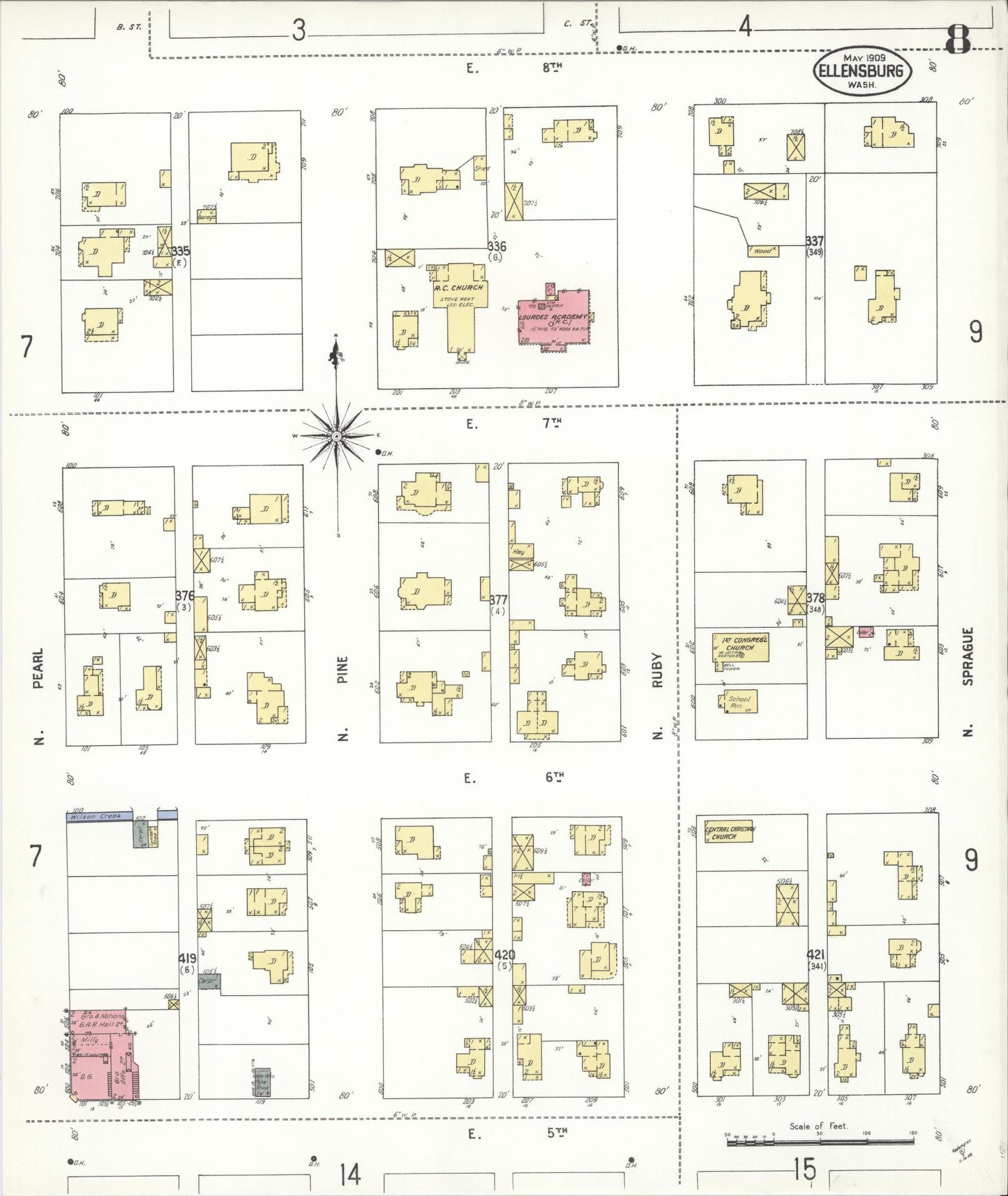Sanborn Fire Insurance Map from Ellensburg, Kittitas County, Washington (1909), Sheet #0008 - Historic Sanborn Fire Insurance Map Print, vintage old map wall art, antique decor, genealogy gift, Washington Washington map
