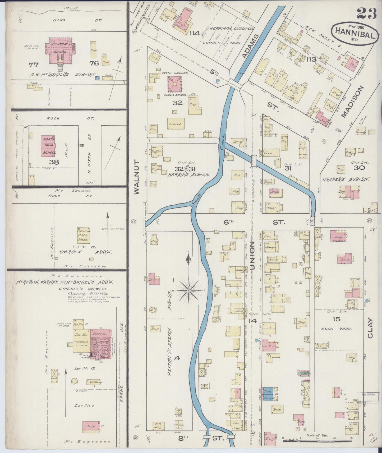 Sanborn Fire Insurance Map from Hannibal, Marion County, Missouri (1885), Sheet #0023 - Historic Sanborn Fire Insurance Map Print, vintage old map wall art, antique decor, genealogy gift, Missouri Missouri map